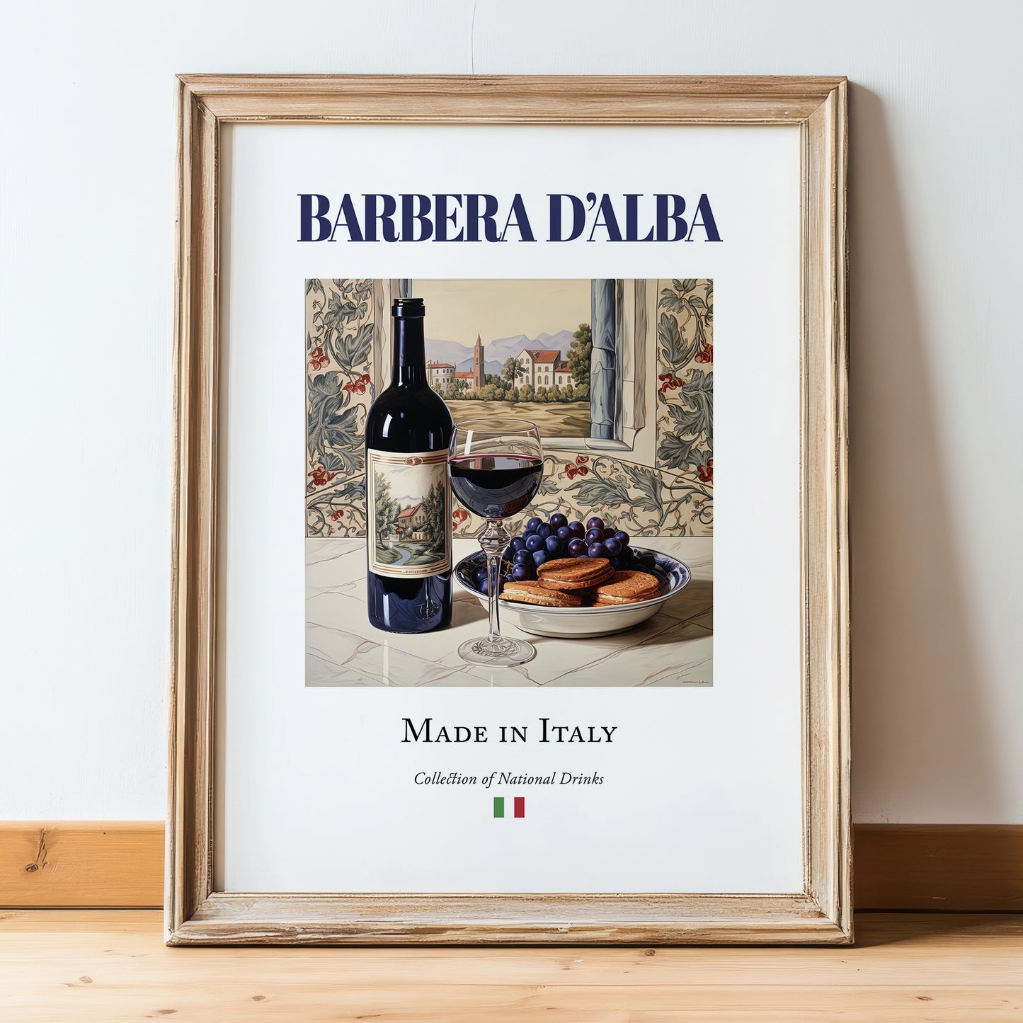 Barbera d’Alba – Italian Red Wine, Enoteca Poster, in wooden frame leaning on the floor
