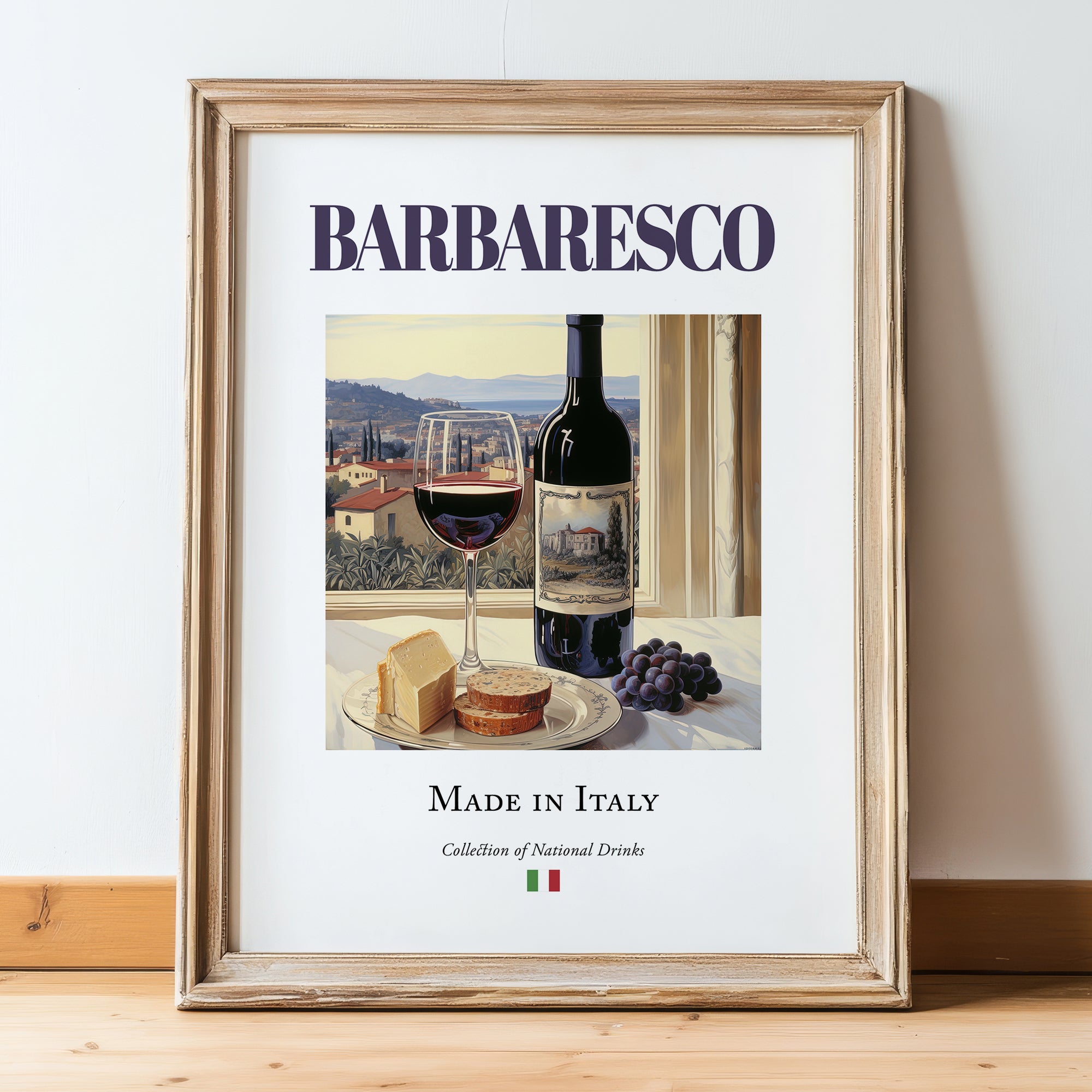 Barbaresco – Italian Red Wine, Tasting Room Print, in wooden frame leaning on the floor