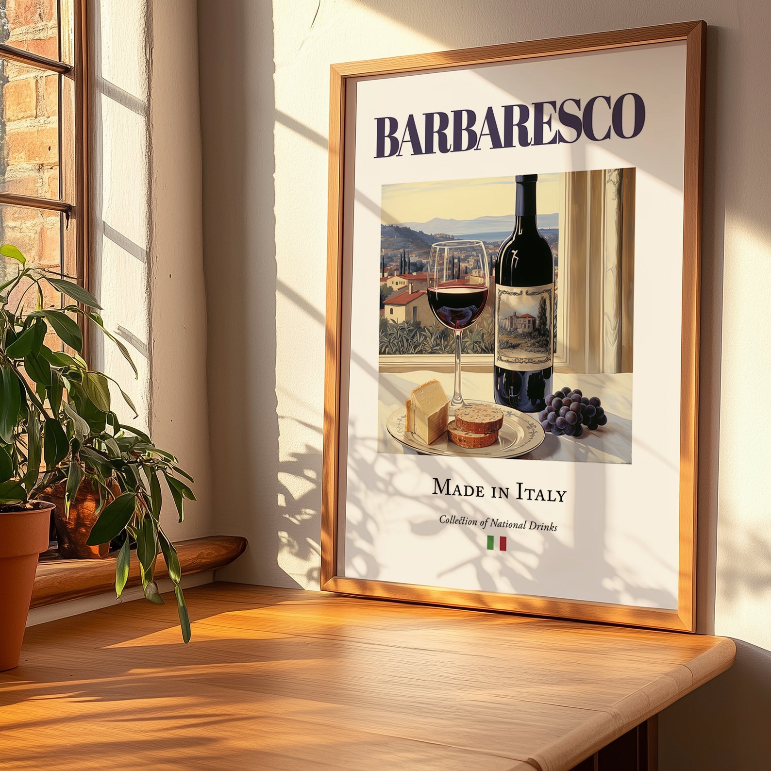 Barbaresco – Italian Red Wine, Tasting Room Print, no-text version framed in wood