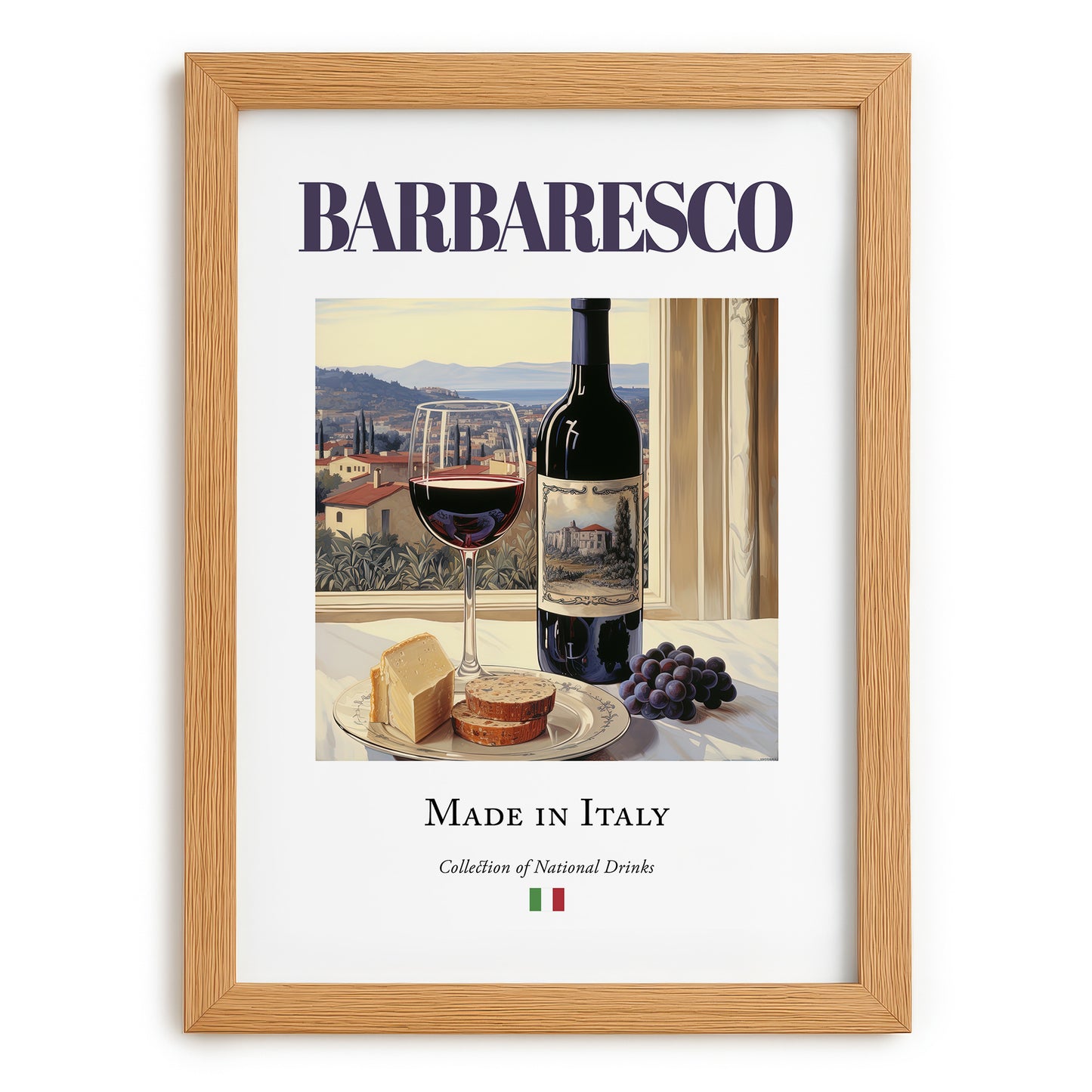 Barbaresco – Italian Red Wine, Tasting Room Print, set in oak frame