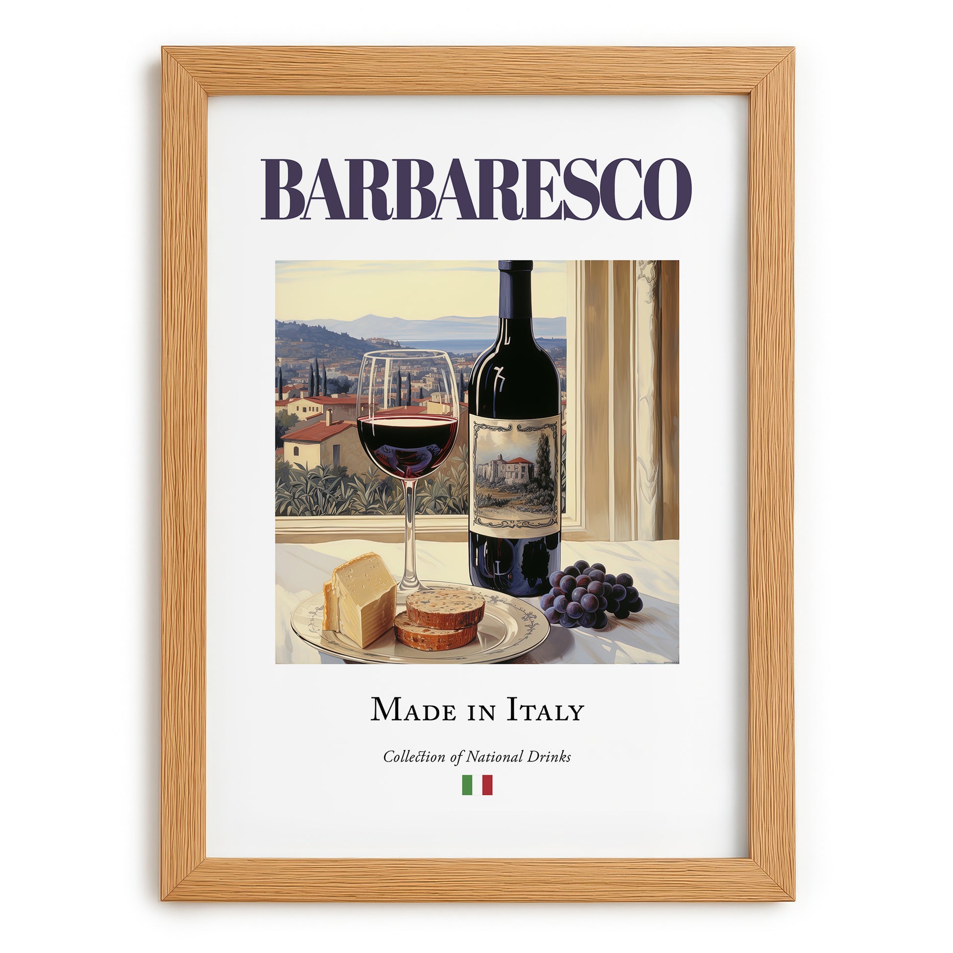 Barbaresco – Italian Red Wine, Tasting Room Print, set in oak frame