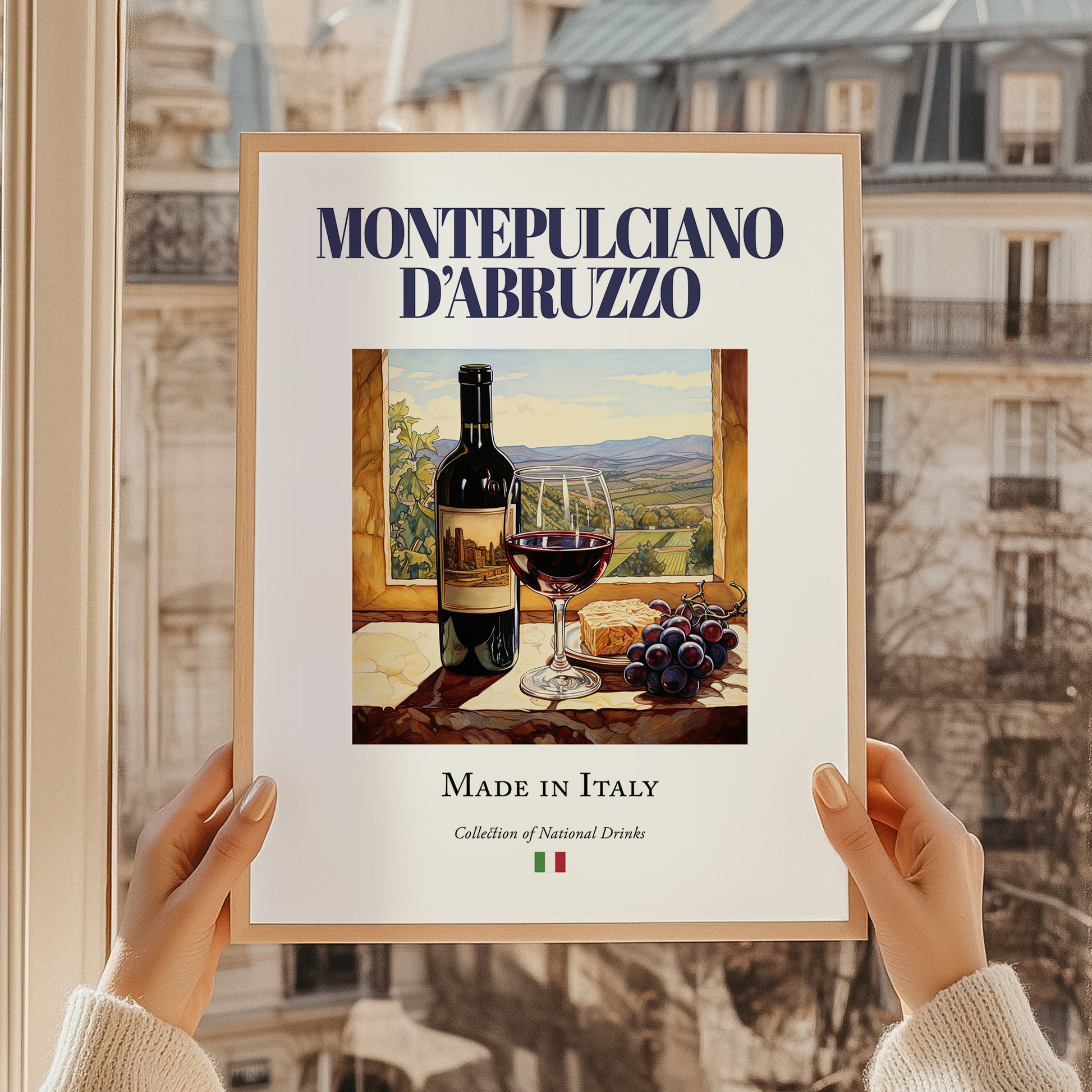 Montepulciano d'Abruzzo – Italian Red Wine, Vineyard Terrace Illustration, styled in a charming Paris street view