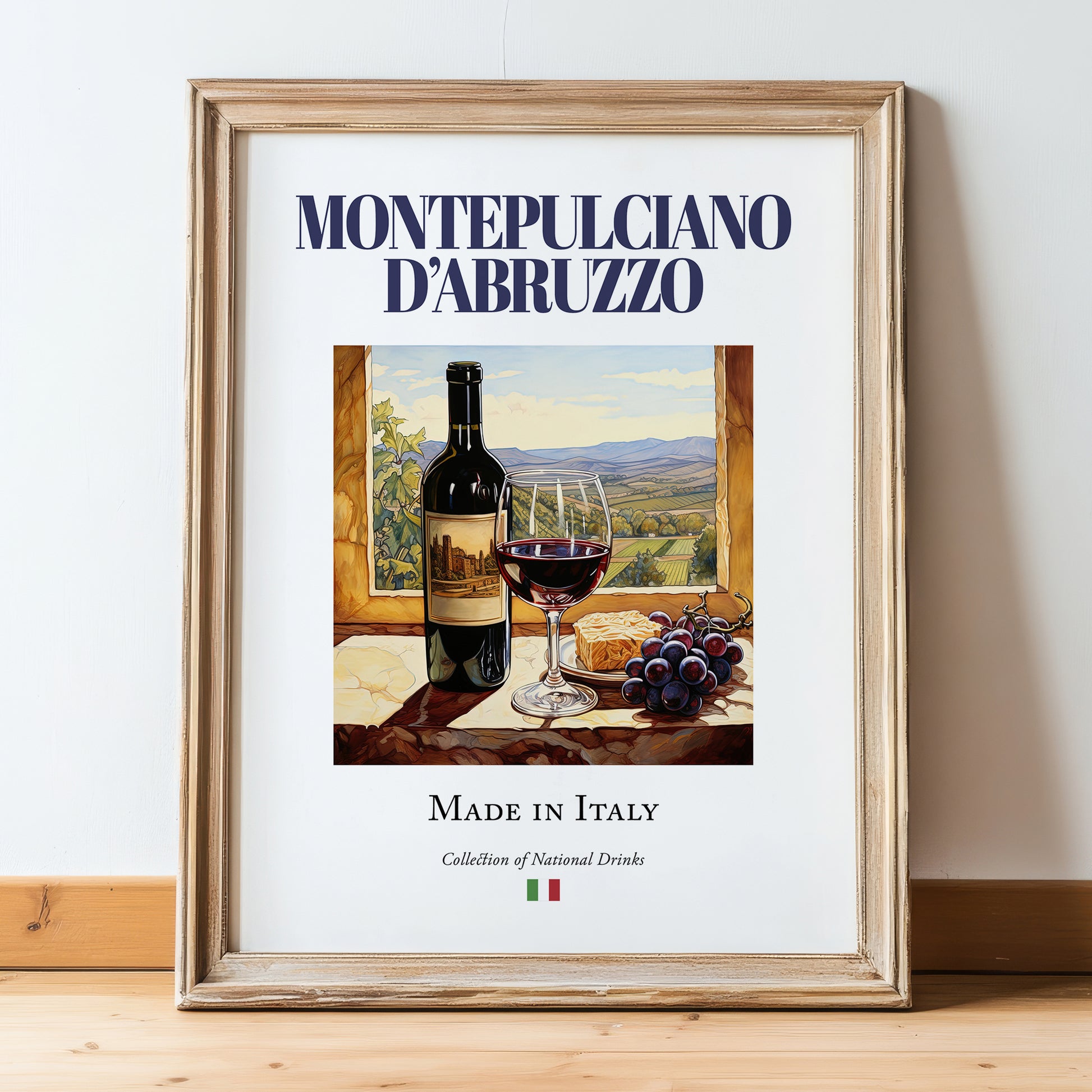 Montepulciano d'Abruzzo – Italian Red Wine, Vineyard Terrace Illustration, in wooden frame leaning on the floor