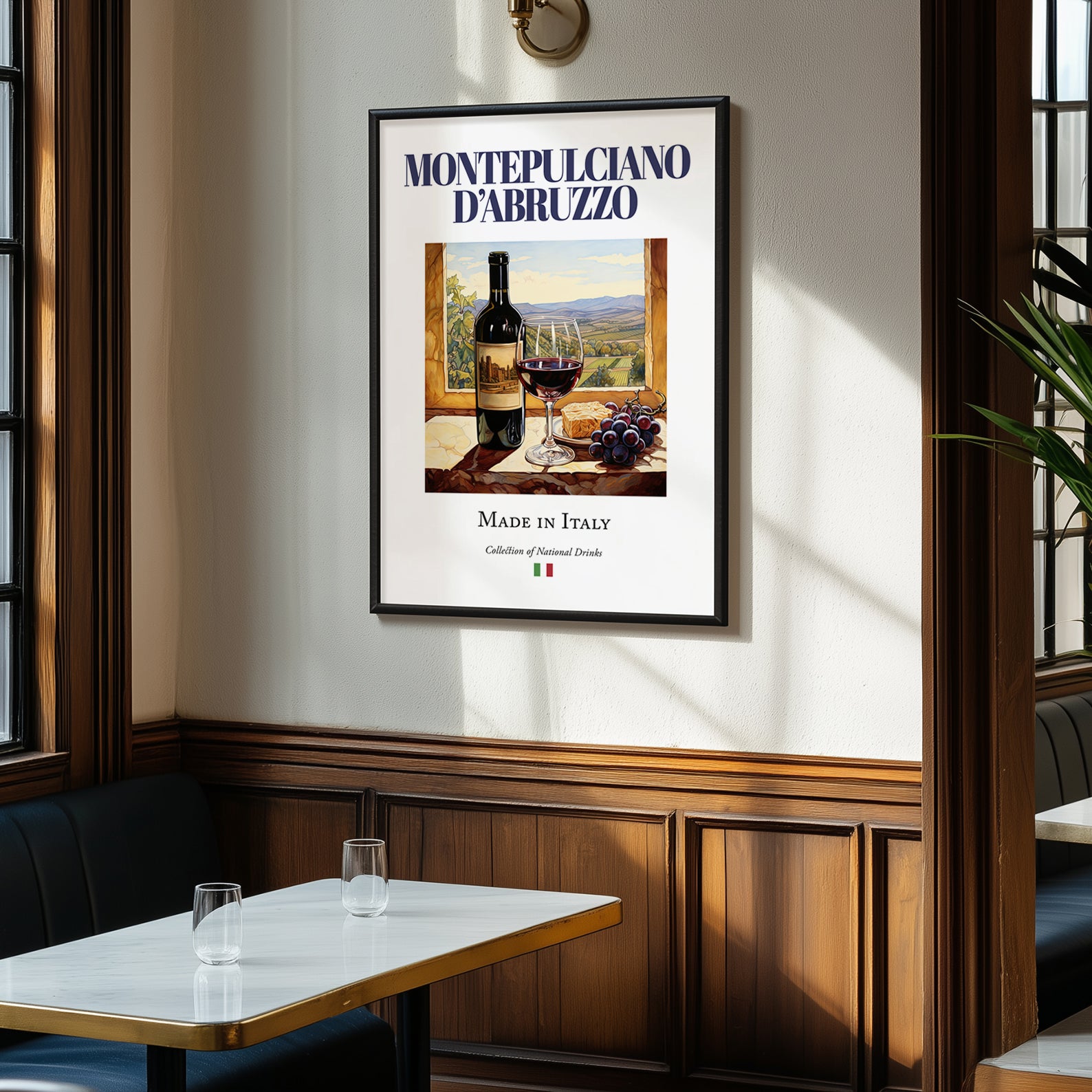 Montepulciano d'Abruzzo – Italian Red Wine, Vineyard Terrace Illustration, clean layout with no caption