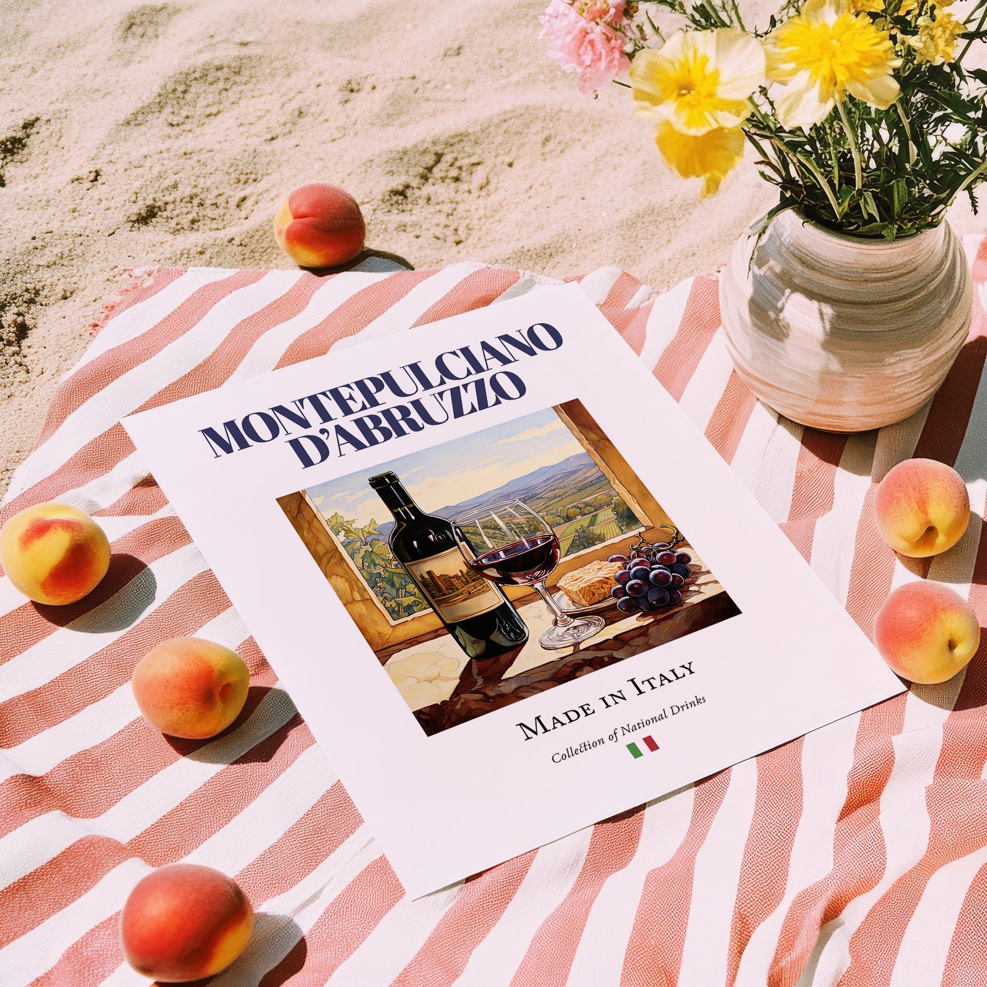 Montepulciano d'Abruzzo – Italian Red Wine, Vineyard Terrace Illustration, unframed on coastal sand