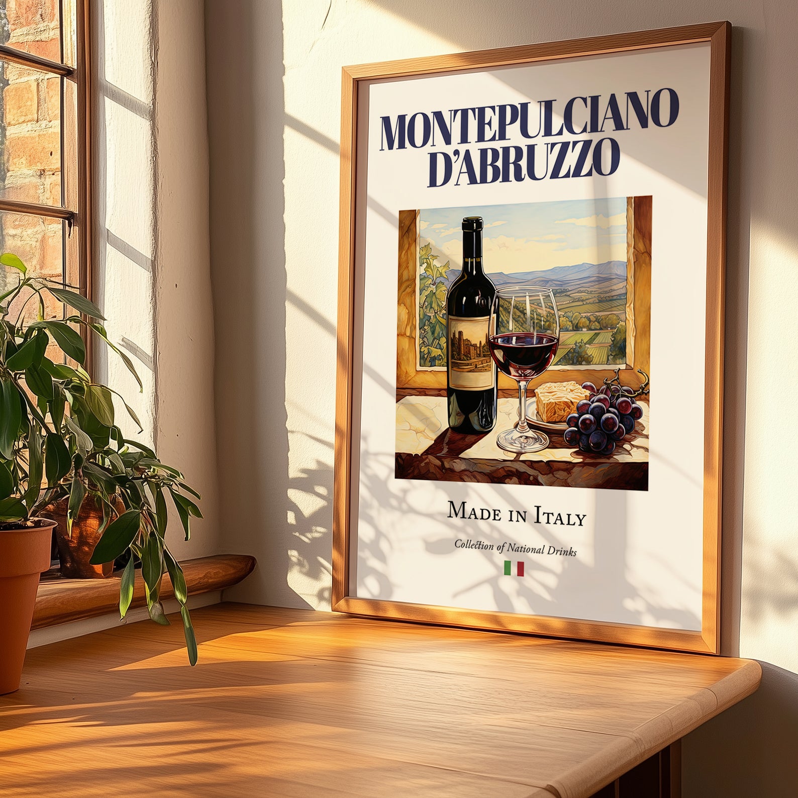 Montepulciano d'Abruzzo – Italian Red Wine, Vineyard Terrace Illustration, no-text version framed in wood