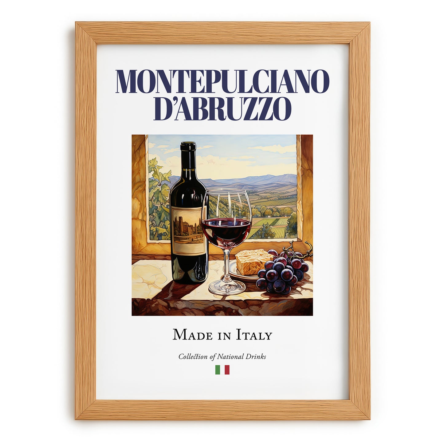 Montepulciano d'Abruzzo – Italian Red Wine, Vineyard Terrace Illustration, set in oak frame