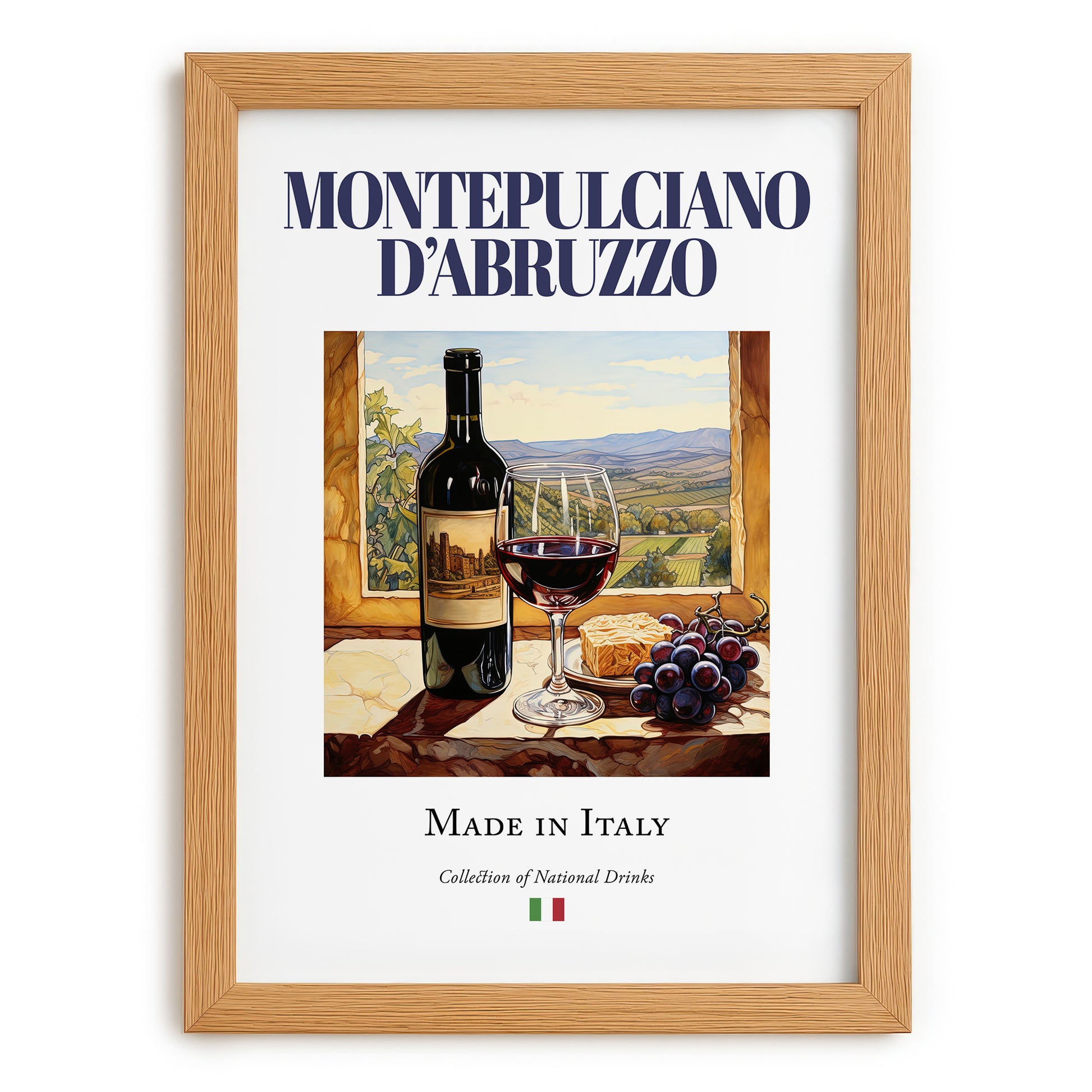 Montepulciano d'Abruzzo – Italian Red Wine, Vineyard Terrace Illustration, set in oak frame