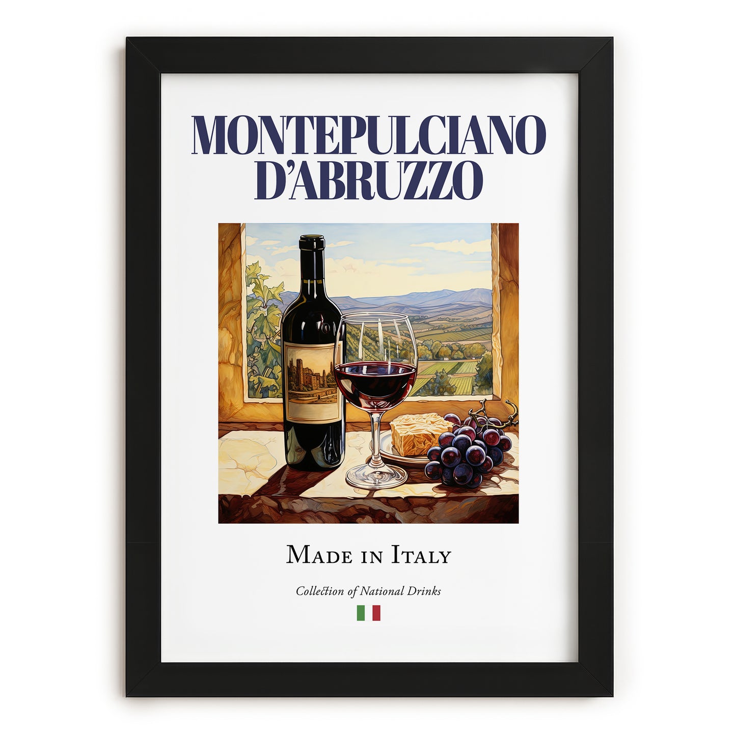 Montepulciano d'Abruzzo – Italian Red Wine, Vineyard Terrace Illustration, in sleek black frame
