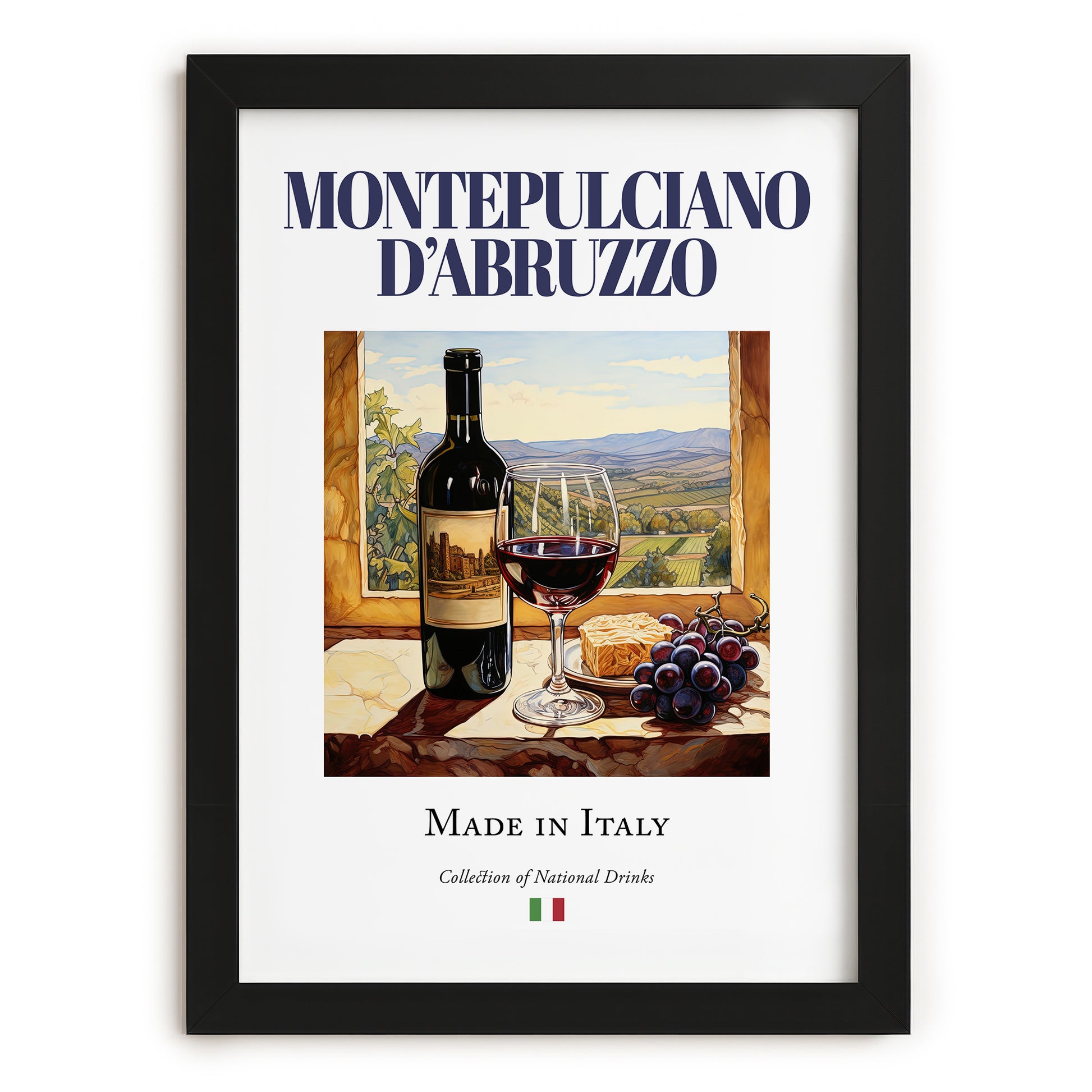 Montepulciano d'Abruzzo – Italian Red Wine, Vineyard Terrace Illustration, in sleek black frame