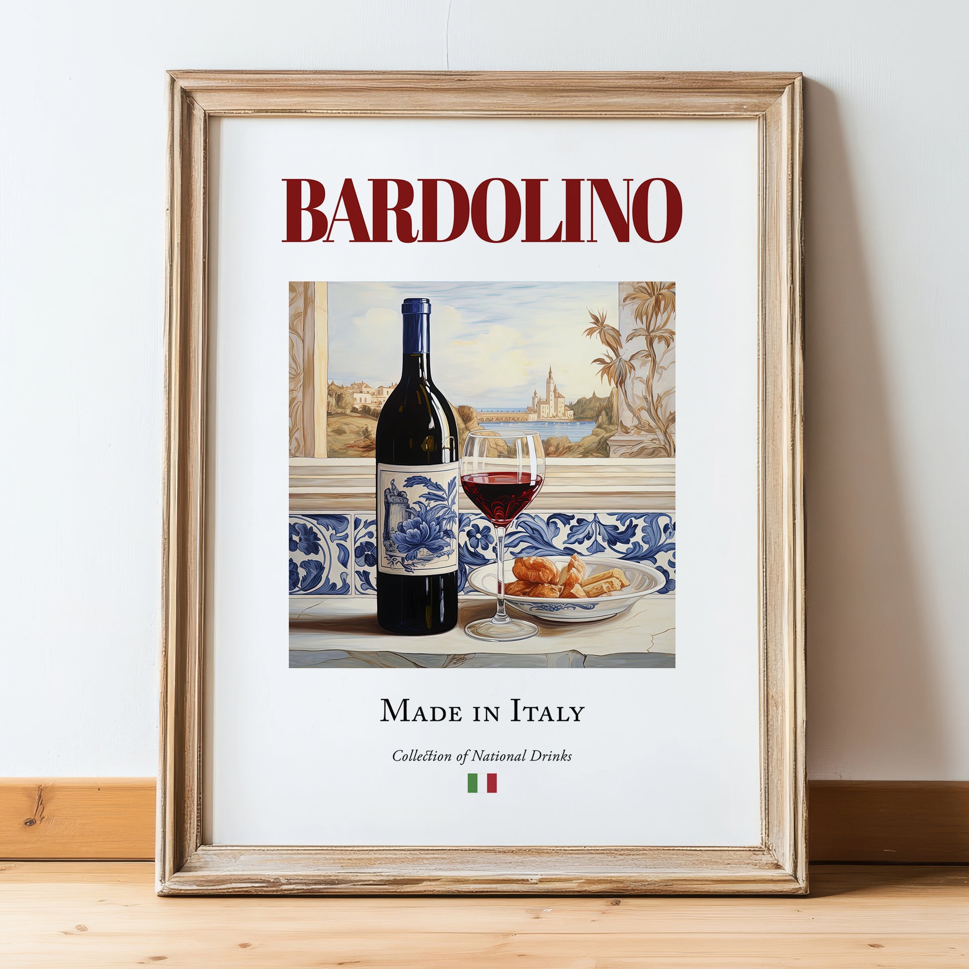 Bardolino – Italian Red Wine, Wine Bar Wall Decor, in wooden frame leaning on the floor