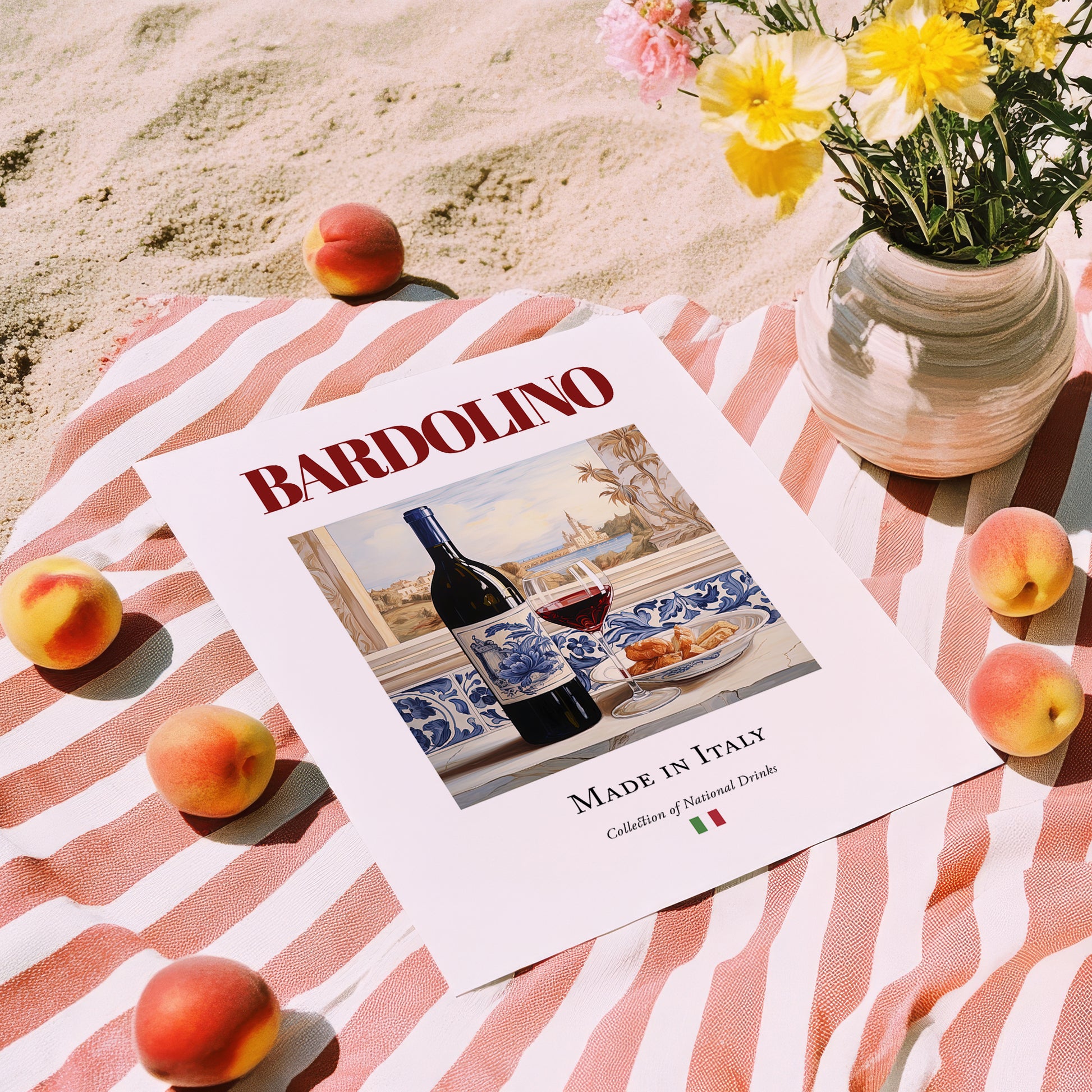 Bardolino – Italian Red Wine, Wine Bar Wall Decor, unframed on coastal sand