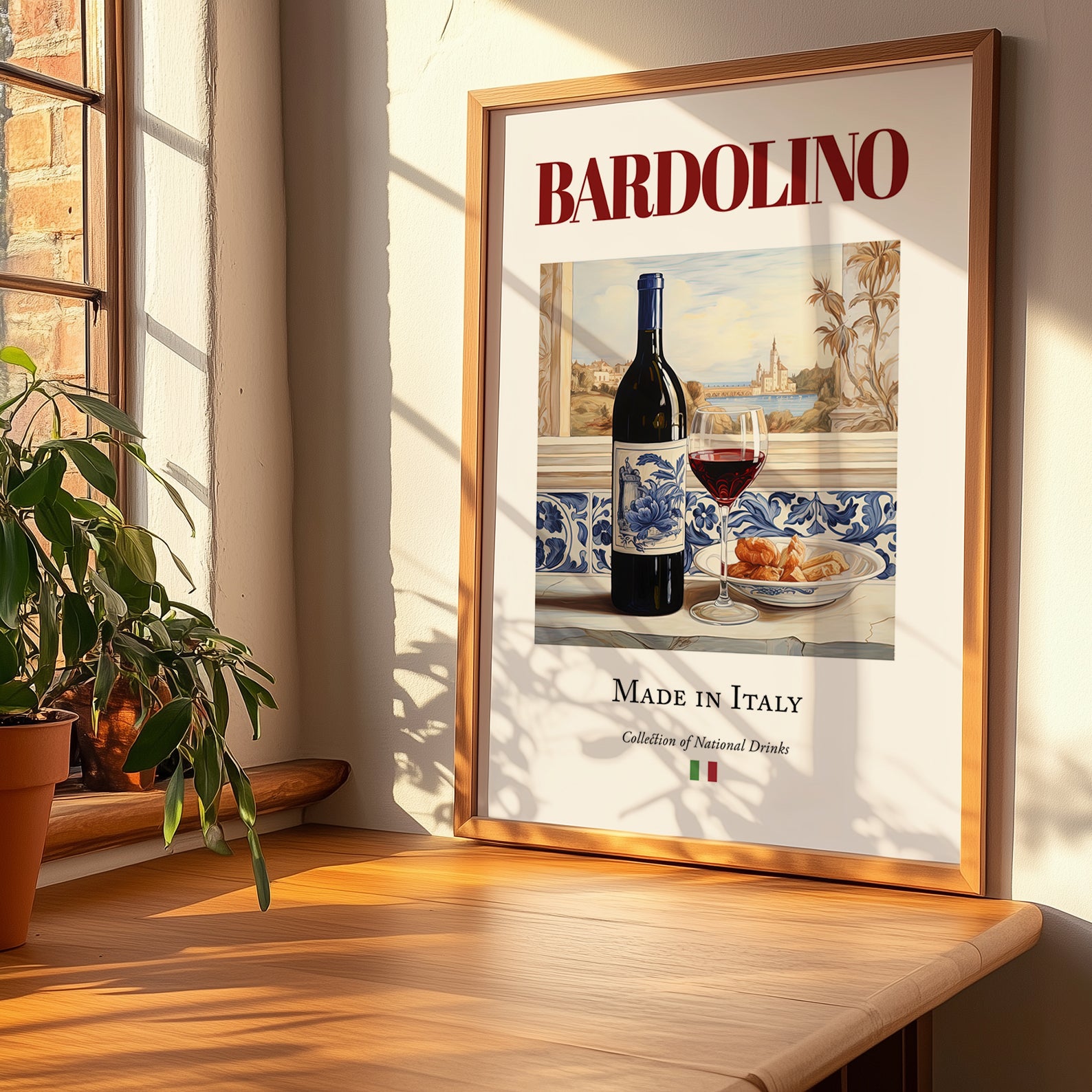 Bardolino – Italian Red Wine, Wine Bar Wall Decor, no-text version framed in wood