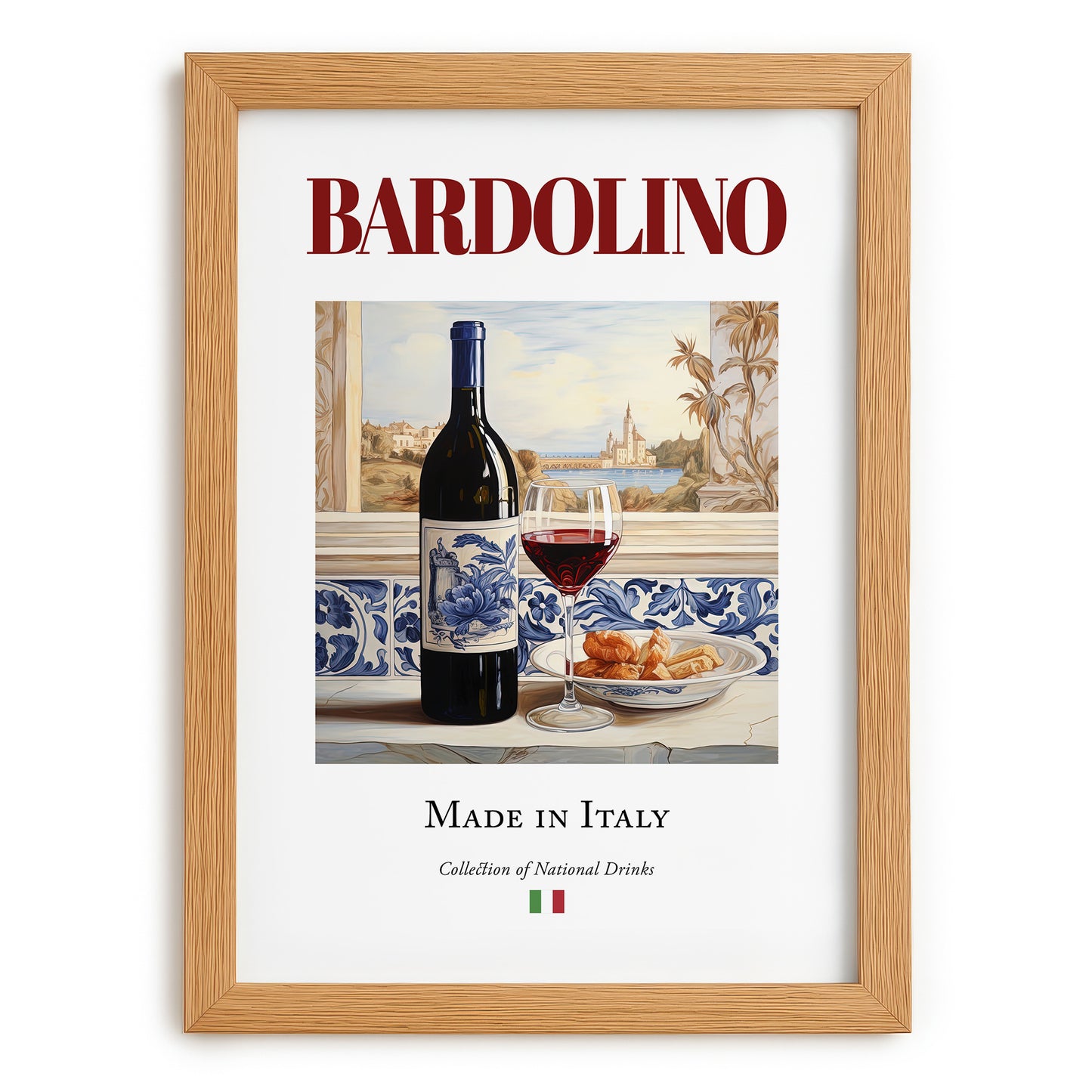 Bardolino – Italian Red Wine, Wine Bar Wall Decor, set in oak frame