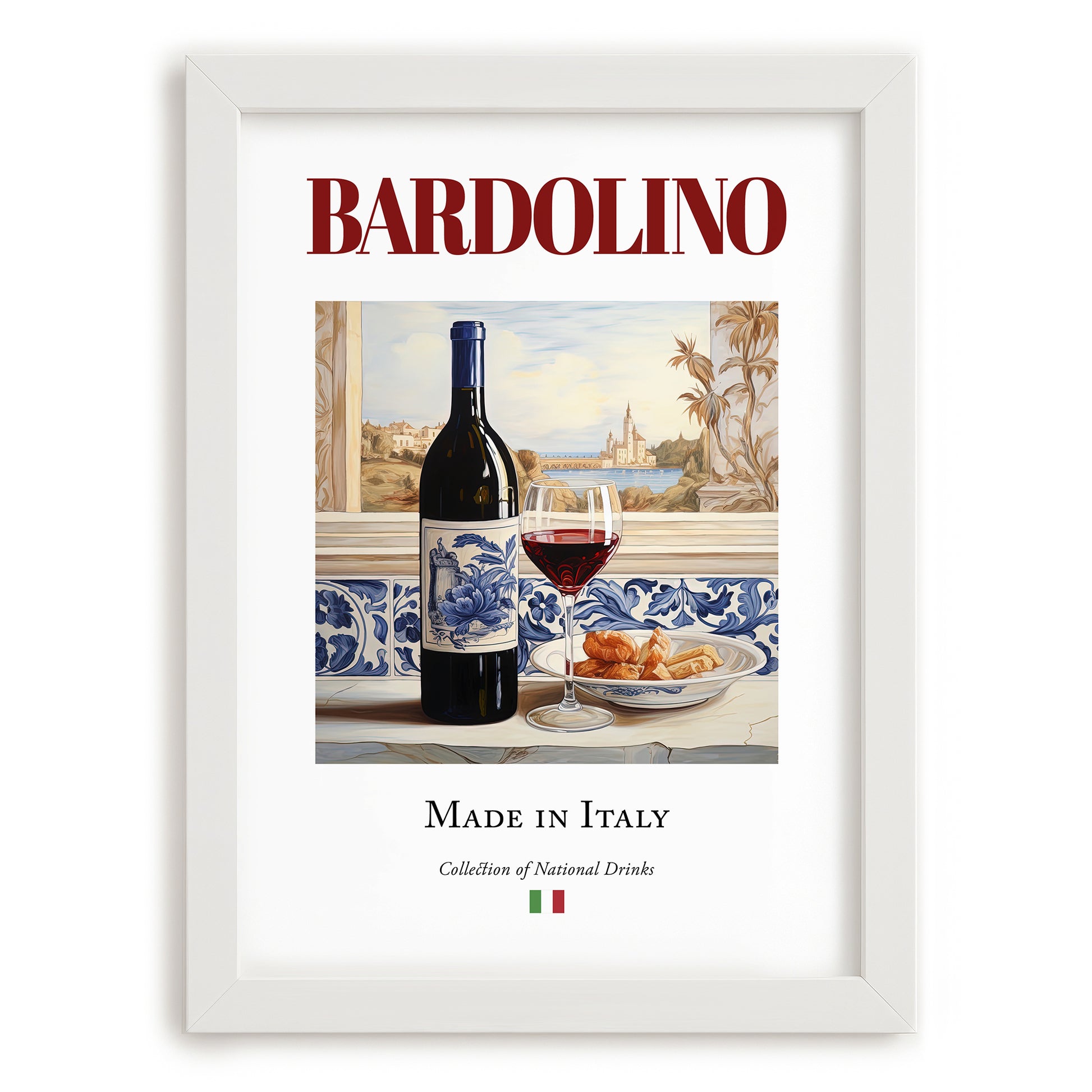 Bardolino – Italian Red Wine, Wine Bar Wall Decor, placed in minimal white frame