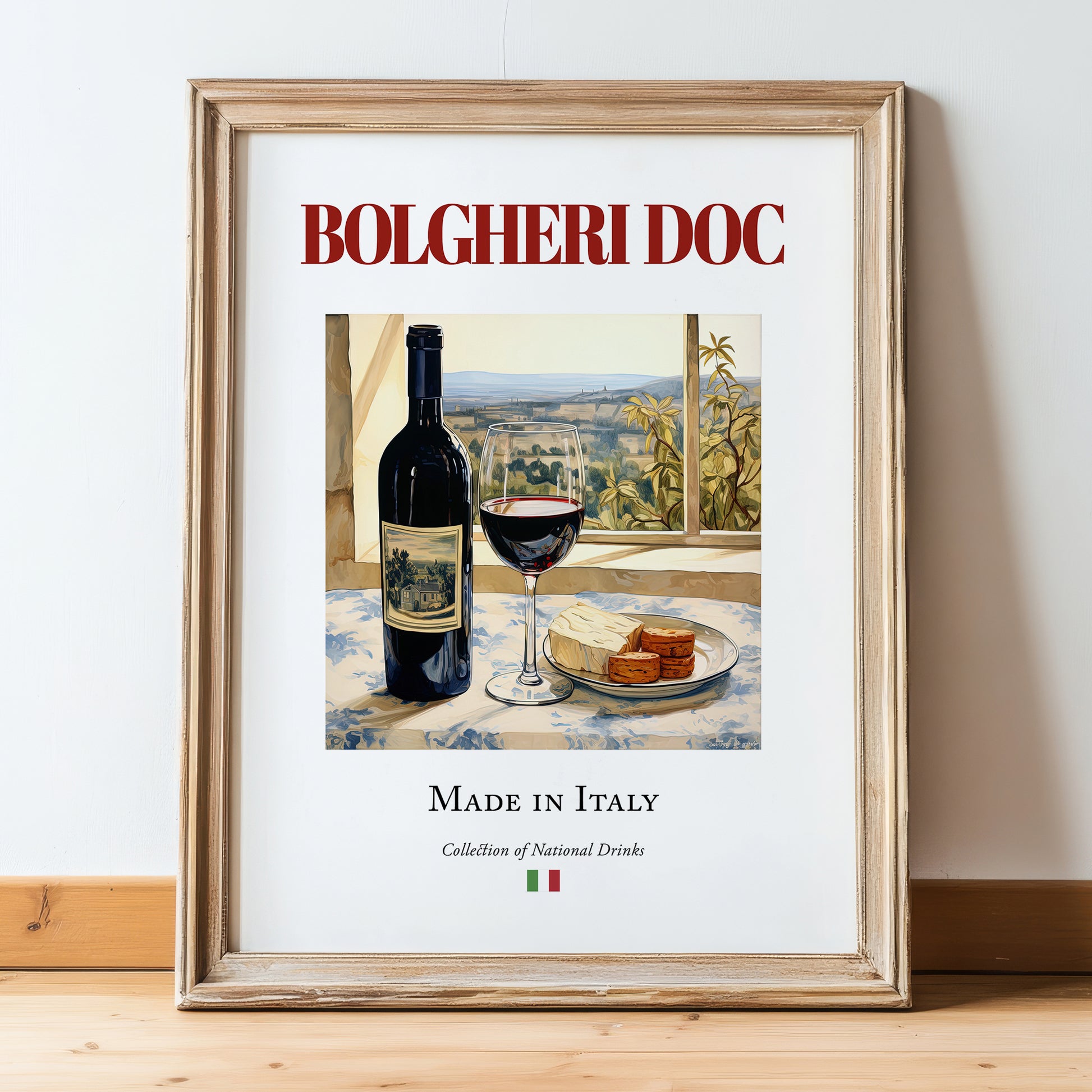 Bolgheri DOC – Italian Red Wine, Vinoteca Print, in wooden frame leaning on the floor