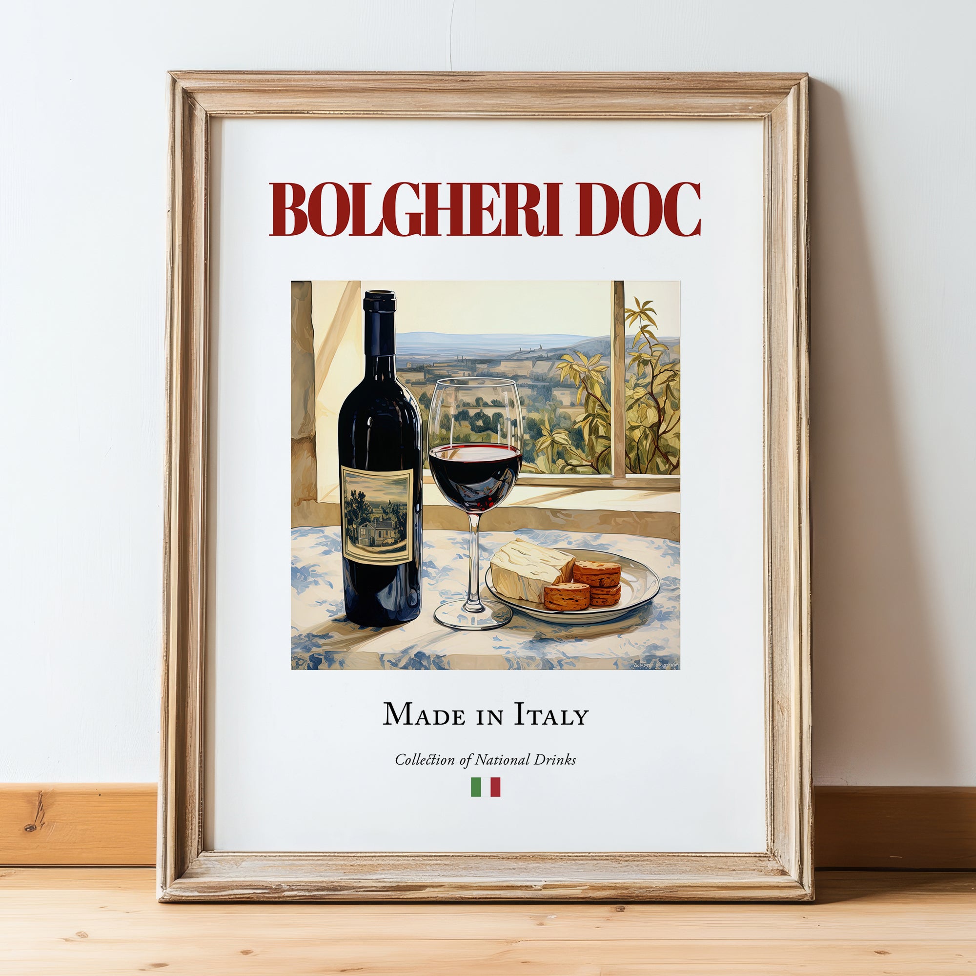 Bolgheri DOC – Italian Red Wine, Vinoteca Print, in wooden frame leaning on the floor