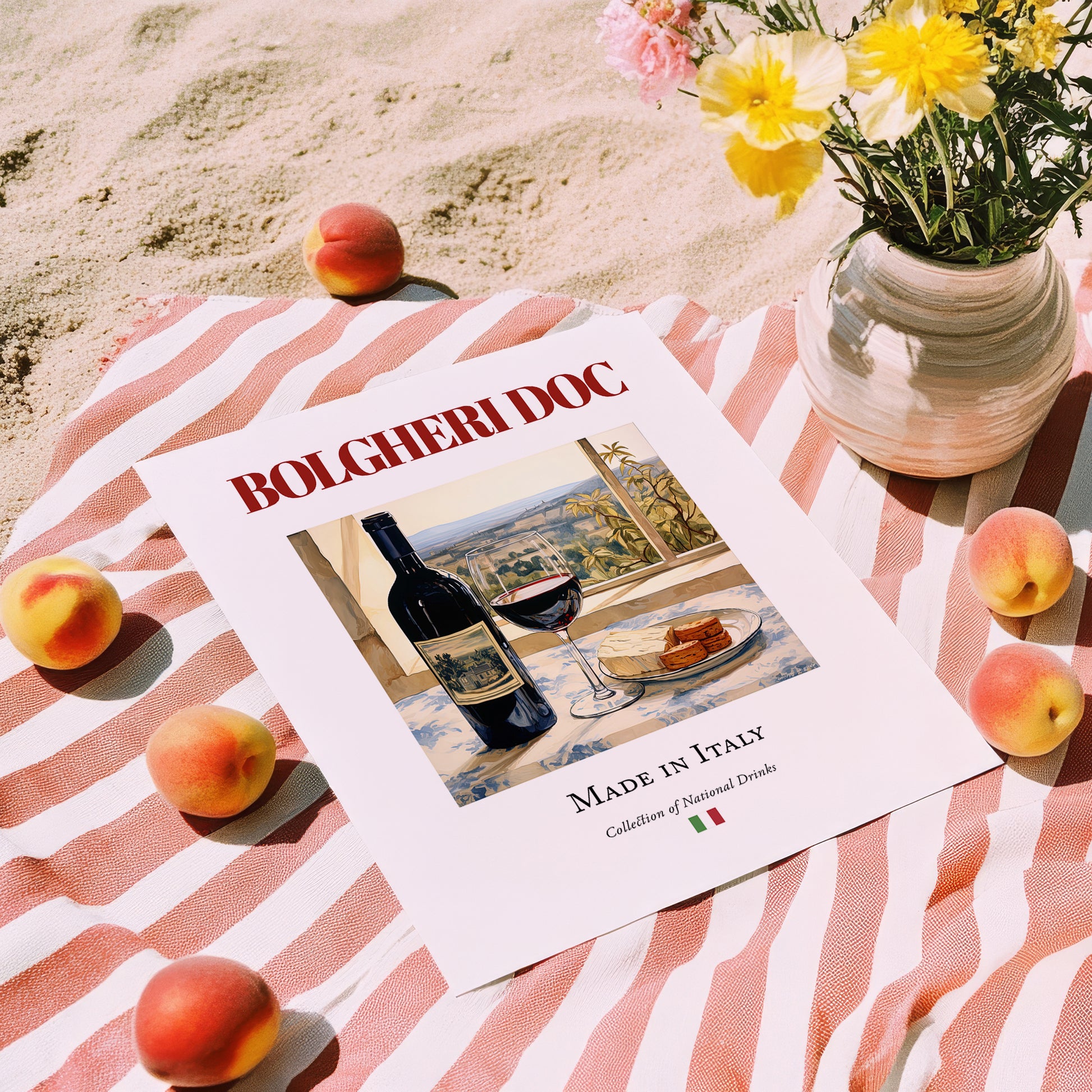 Bolgheri DOC – Italian Red Wine, Vinoteca Print, unframed on coastal sand