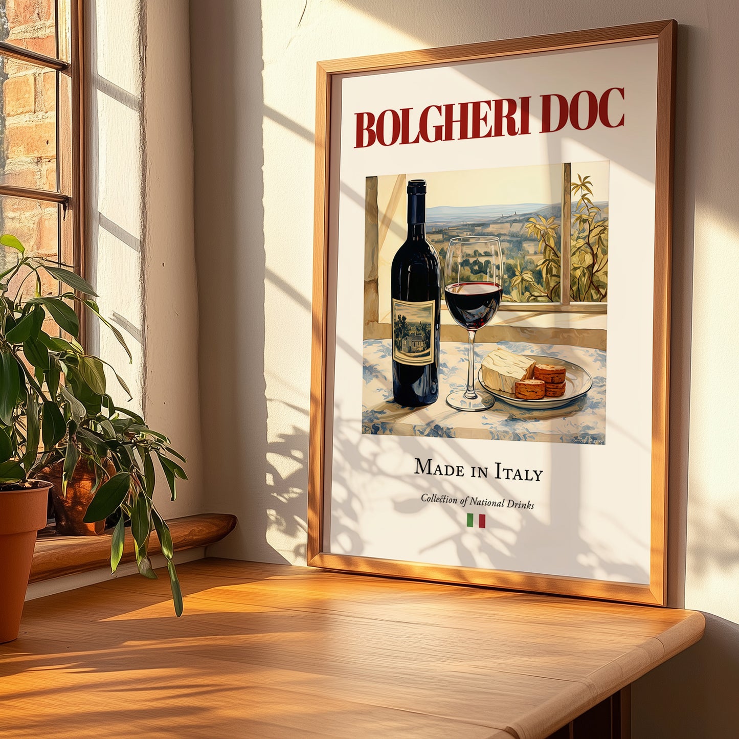 Bolgheri DOC – Italian Red Wine, Vinoteca Print, no-text version framed in wood
