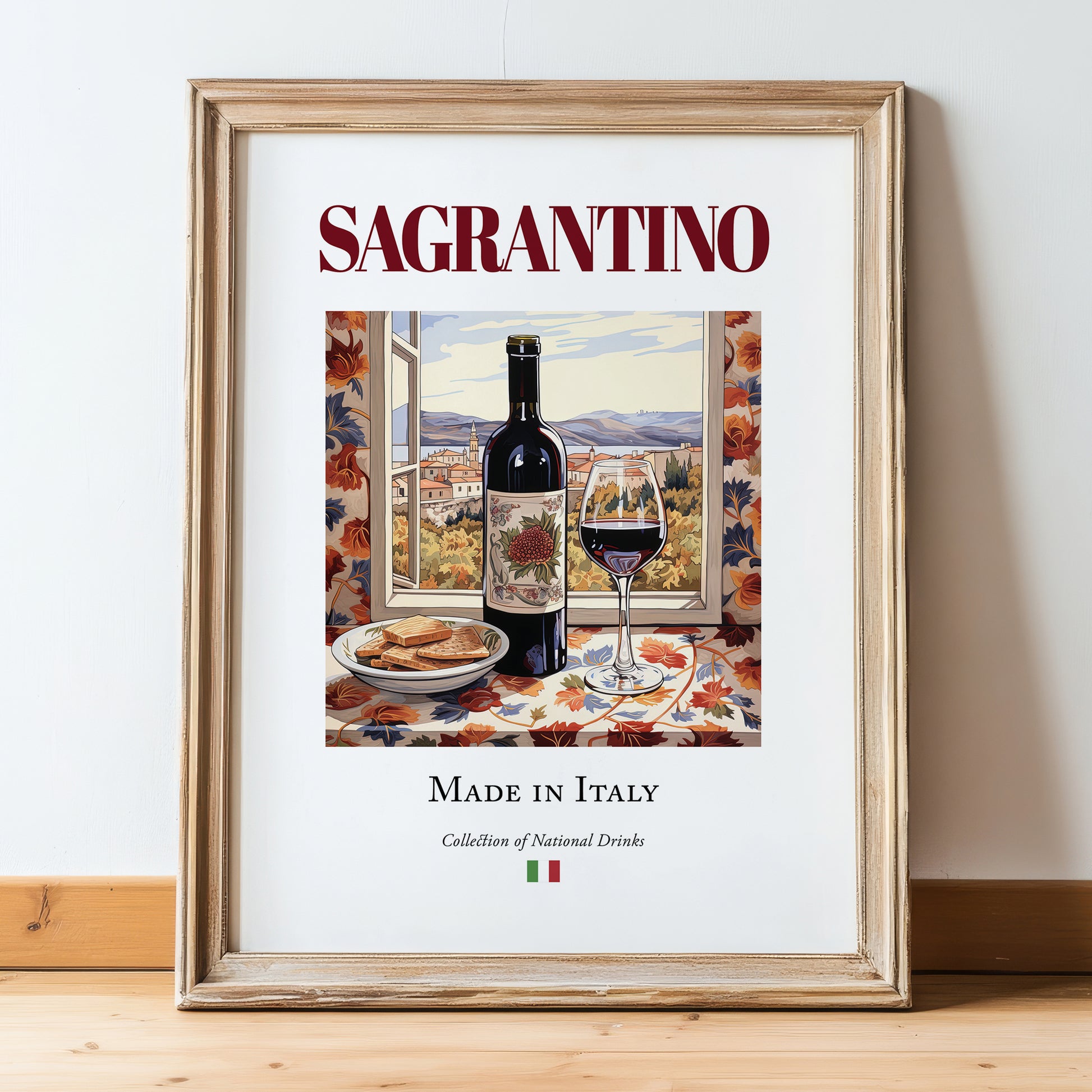 Sagrantino – Italian Red Wine, Wine Bar Wall Art, in wooden frame leaning on the floor