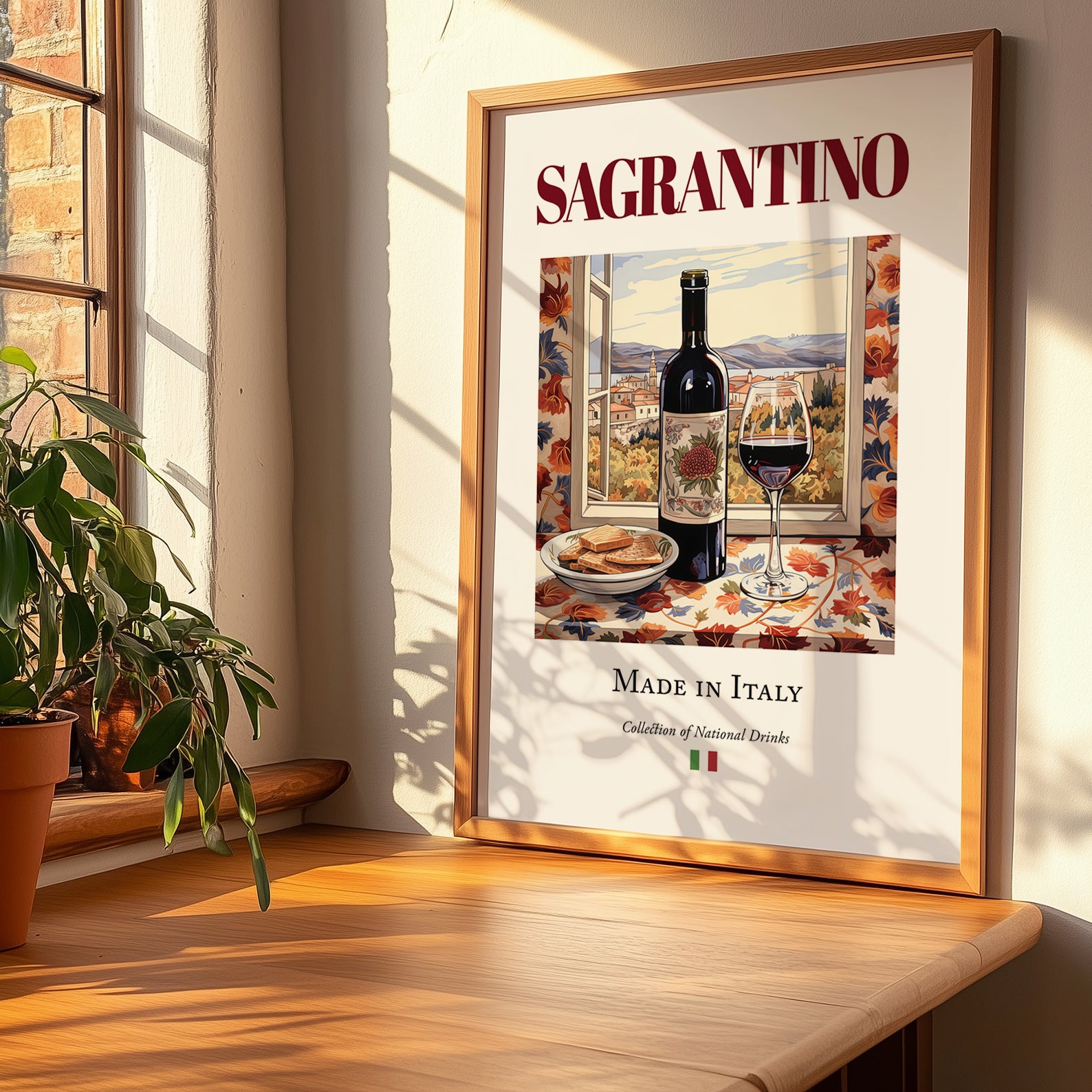Sagrantino – Italian Red Wine, Wine Bar Wall Art, no-text version framed in wood