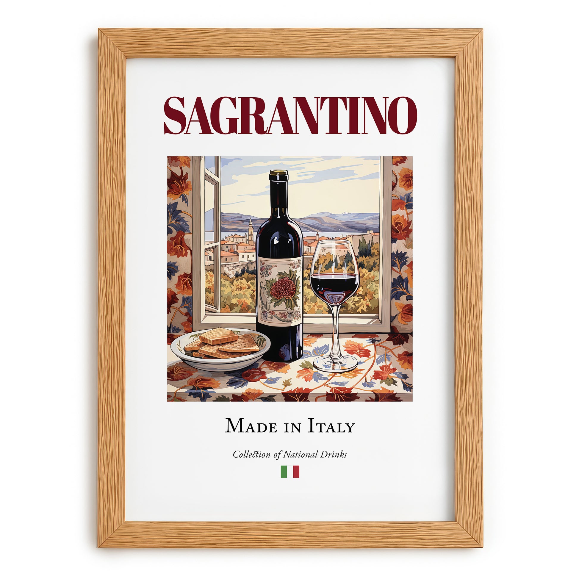Sagrantino – Italian Red Wine, Wine Bar Wall Art, set in oak frame