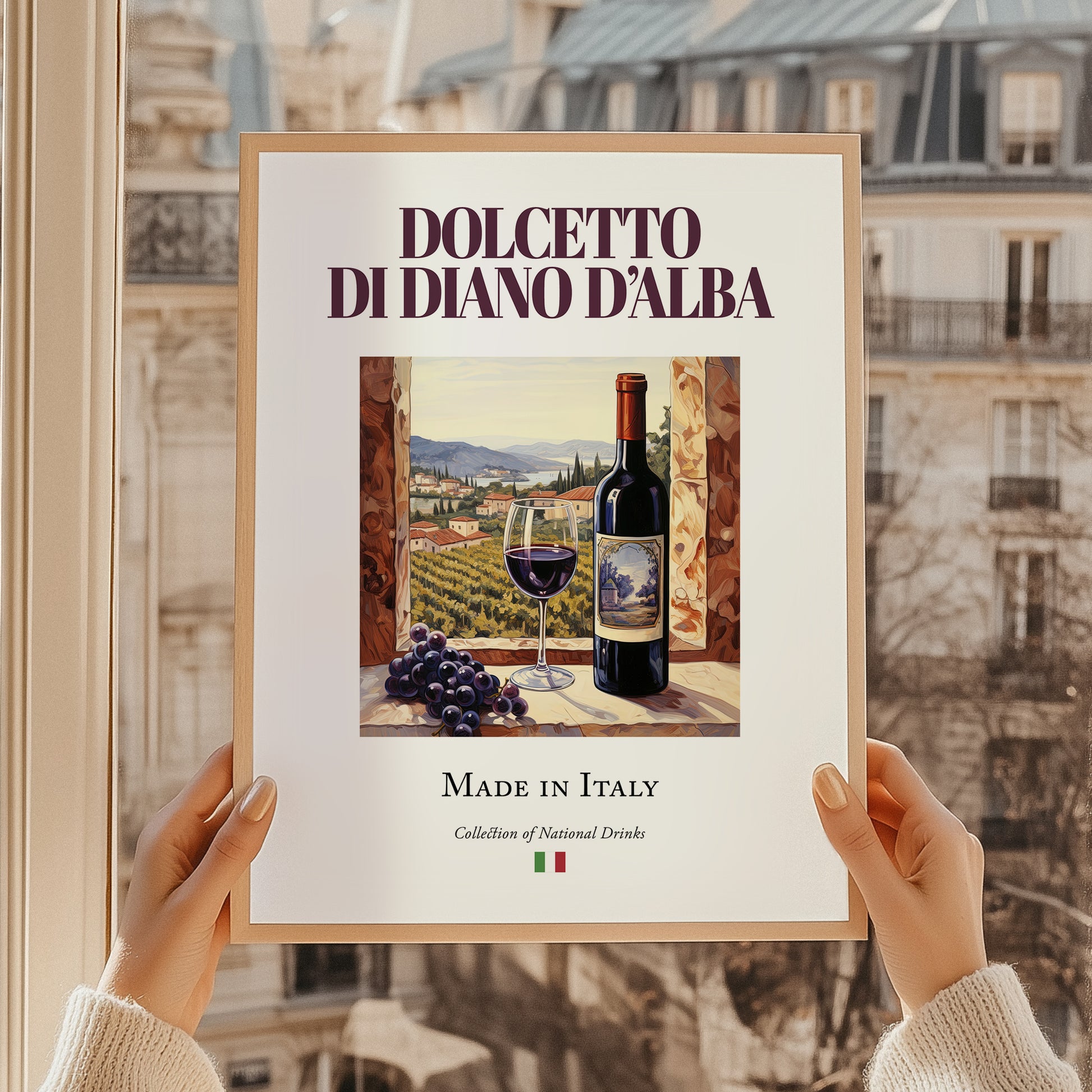 Dolcetto di Diano d’Alba – Italian Red Wine, Vineyard Terrace Painting, styled in a charming Paris street view