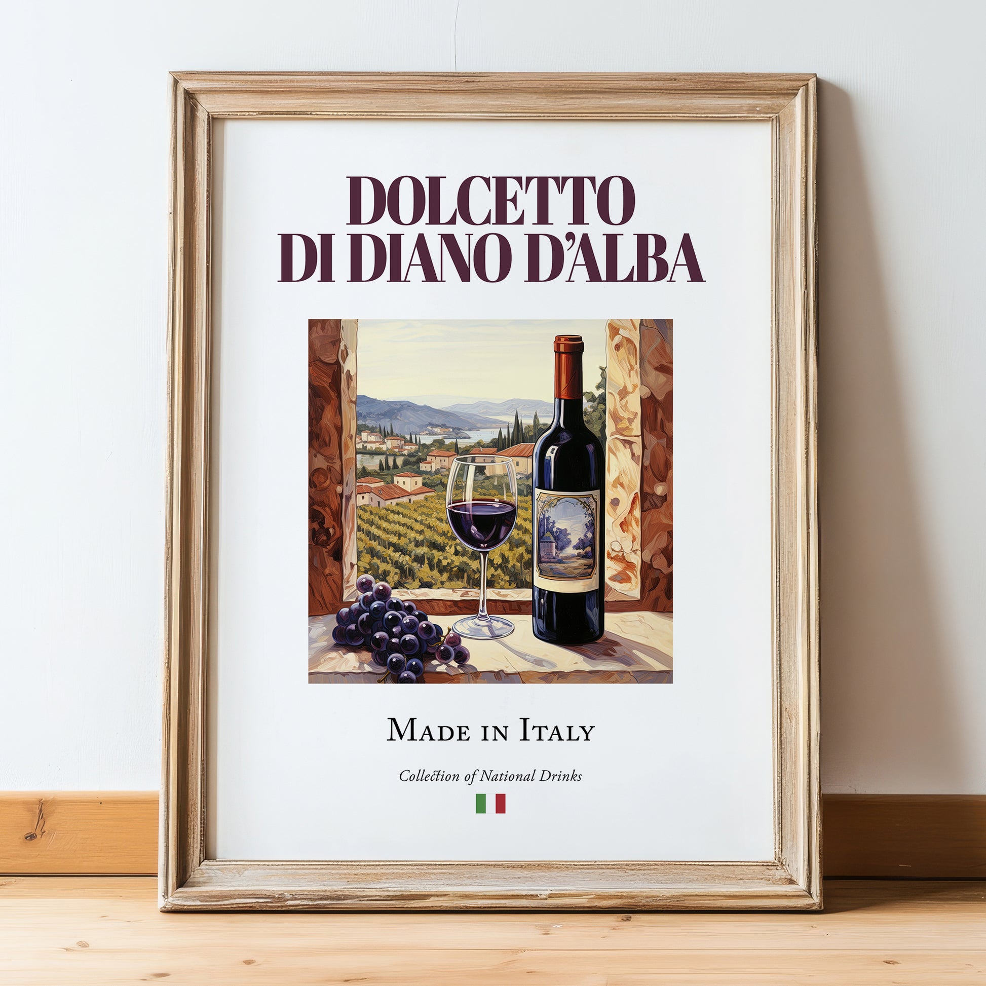 Dolcetto di Diano d’Alba – Italian Red Wine, Vineyard Terrace Painting, in wooden frame leaning on the floor