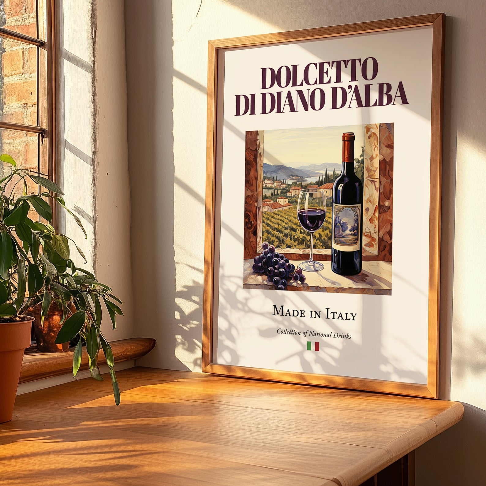 Dolcetto di Diano d’Alba – Italian Red Wine, Vineyard Terrace Painting, no-text version framed in wood