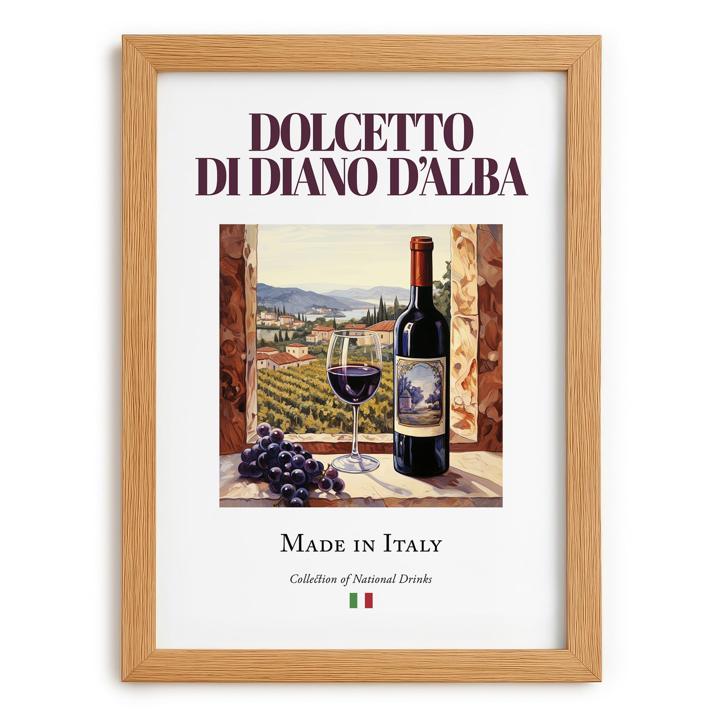 Dolcetto di Diano d’Alba – Italian Red Wine, Vineyard Terrace Painting, set in oak frame