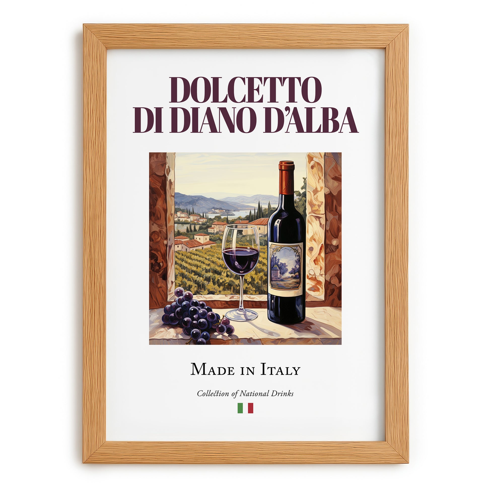 Dolcetto di Diano d’Alba – Italian Red Wine, Vineyard Terrace Painting, set in oak frame