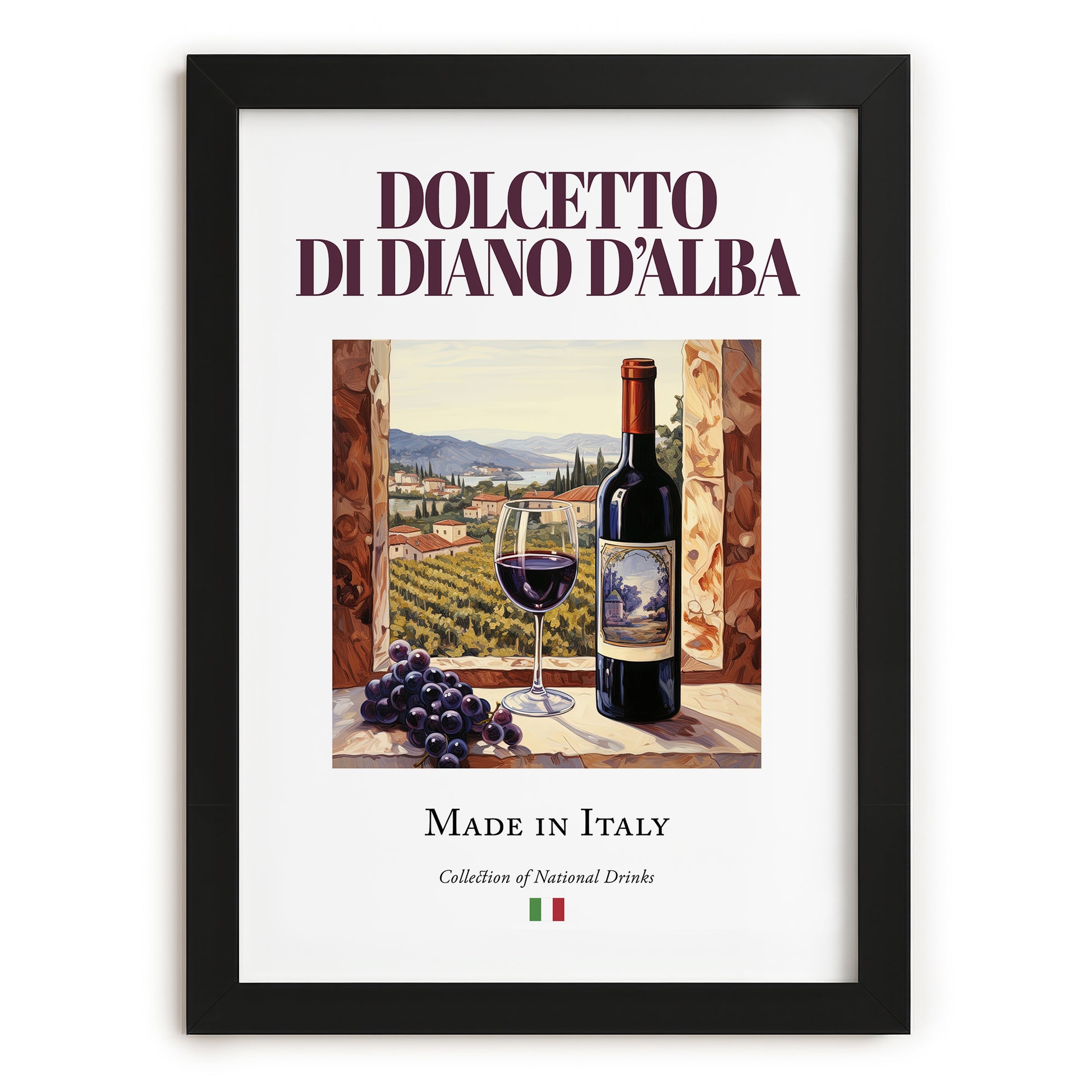 Dolcetto di Diano d’Alba – Italian Red Wine, Vineyard Terrace Painting, in sleek black frame