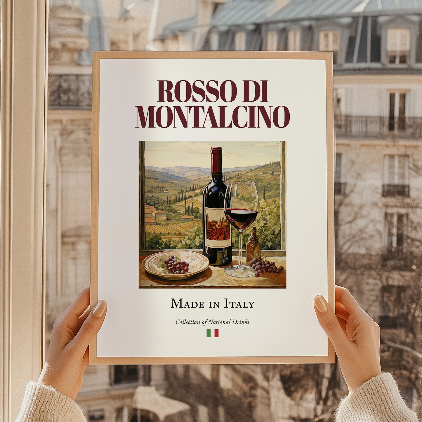Rosso di Montalcino – Italian Red Wine, Wine Bar Wall Art, styled in a charming Paris street view