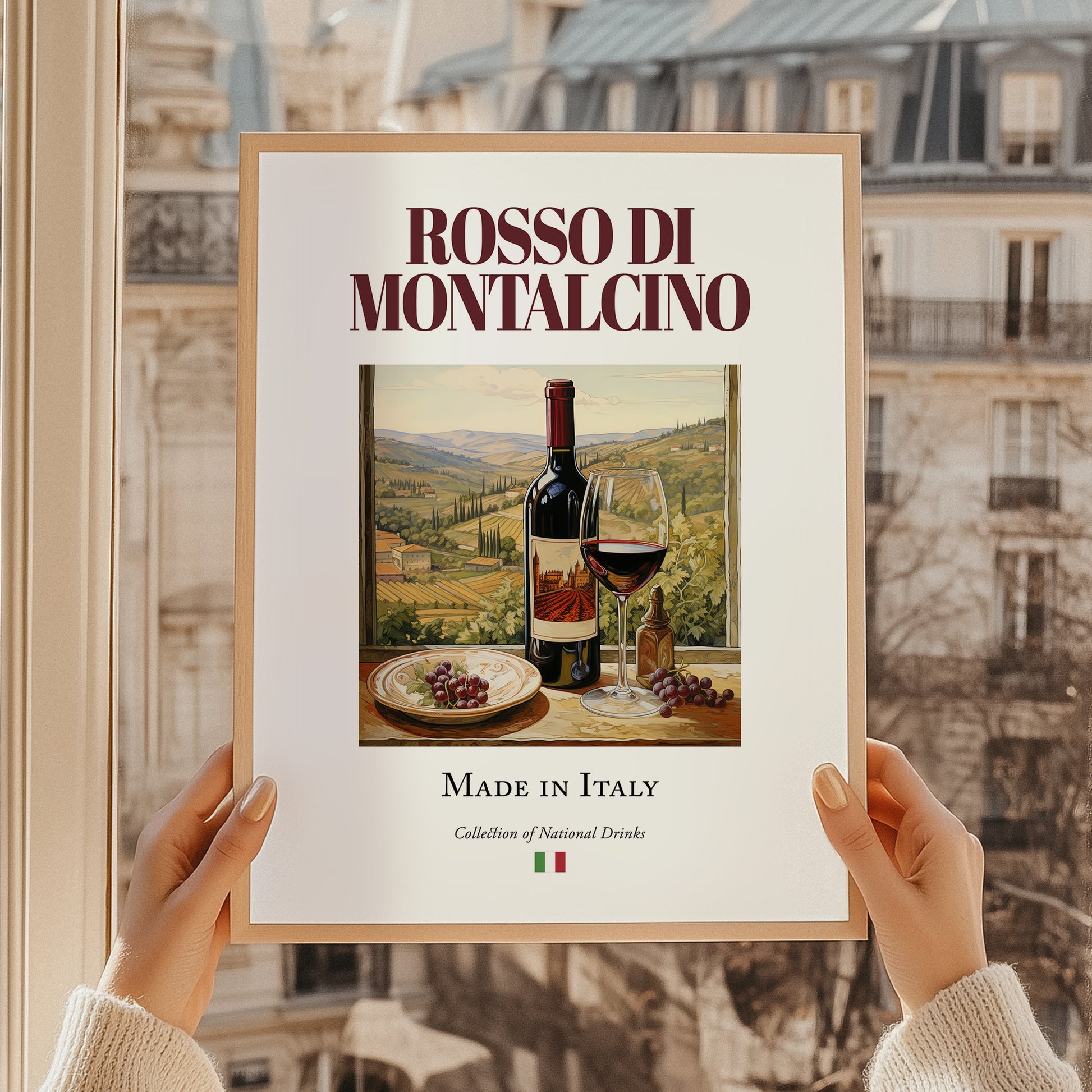 Rosso di Montalcino – Italian Red Wine, Wine Bar Wall Art, styled in a charming Paris street view
