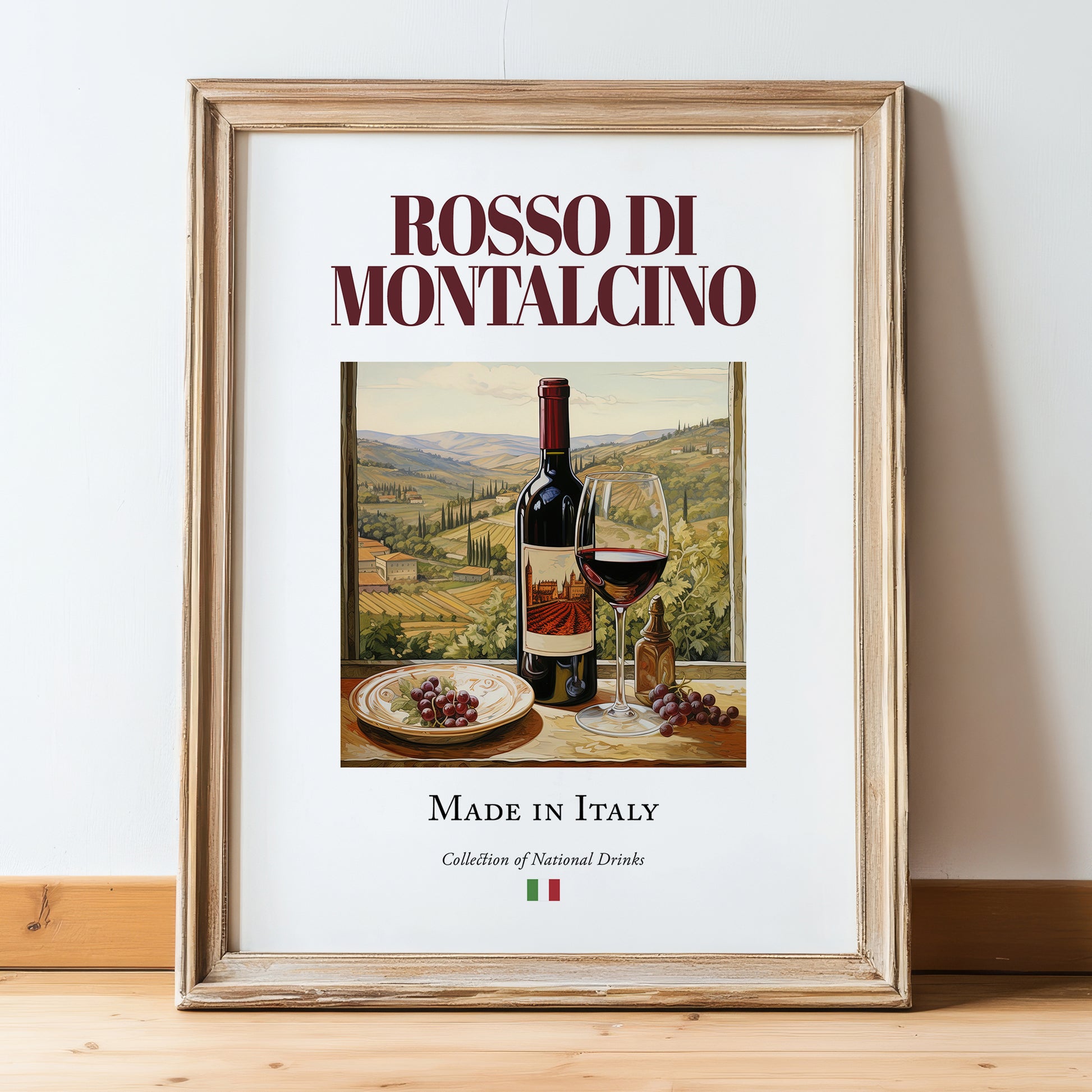 Rosso di Montalcino – Italian Red Wine, Wine Bar Wall Art, in wooden frame leaning on the floor