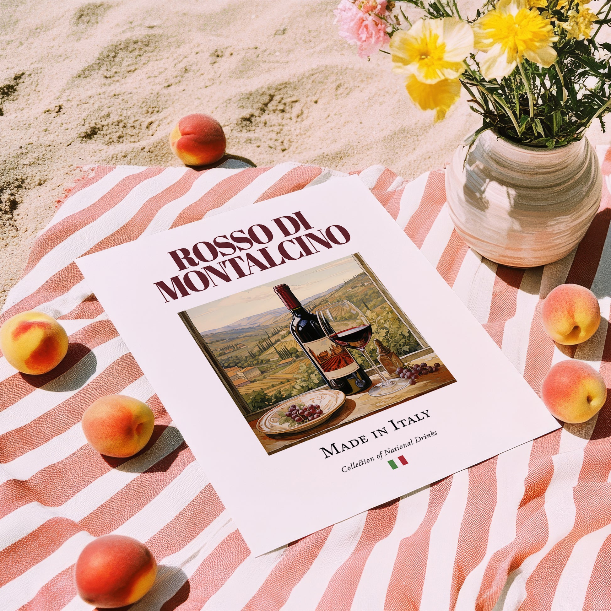 Rosso di Montalcino – Italian Red Wine, Wine Bar Wall Art, unframed on coastal sand
