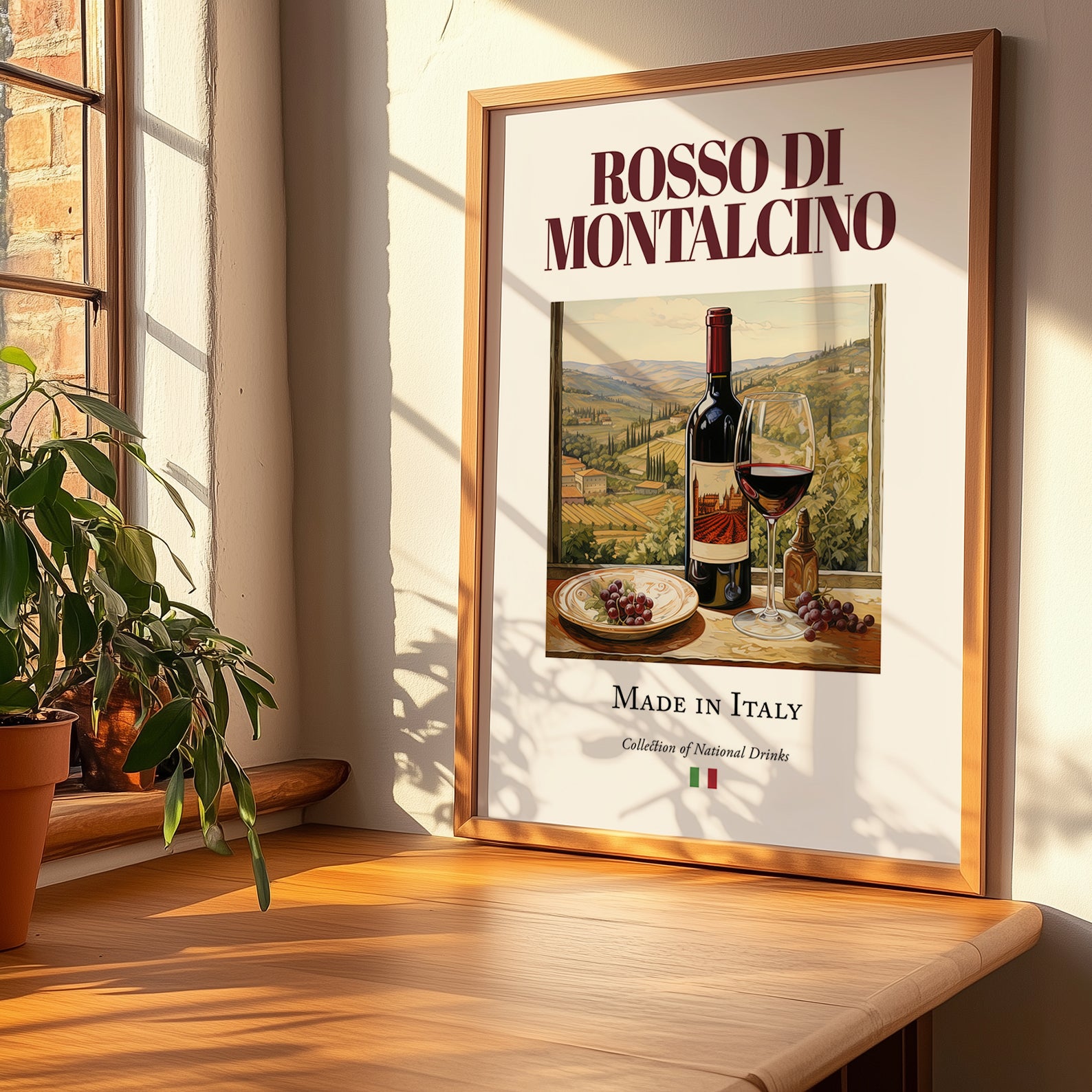 Rosso di Montalcino – Italian Red Wine, Wine Bar Wall Art, no-text version framed in wood