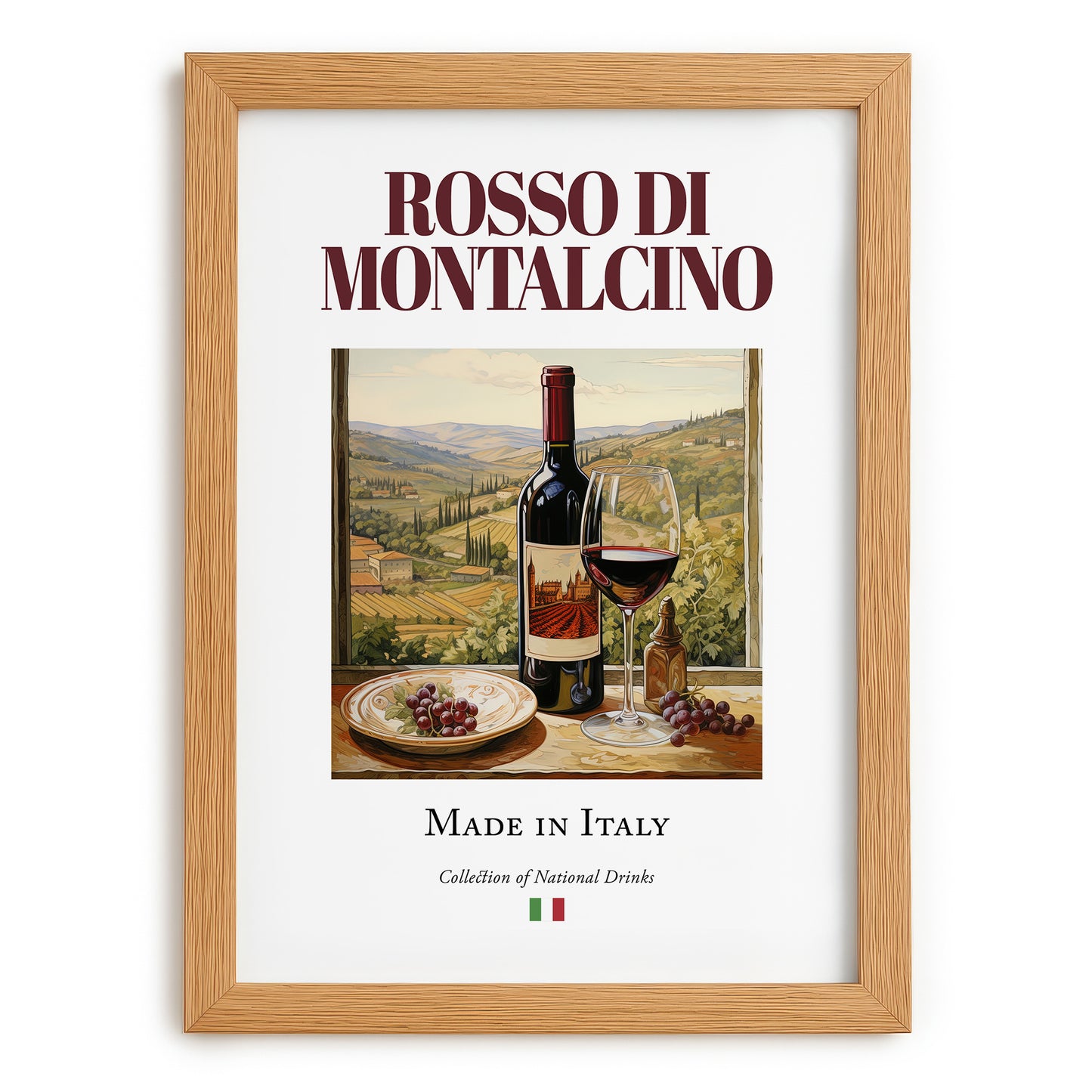 Rosso di Montalcino – Italian Red Wine, Wine Bar Wall Art, set in oak frame