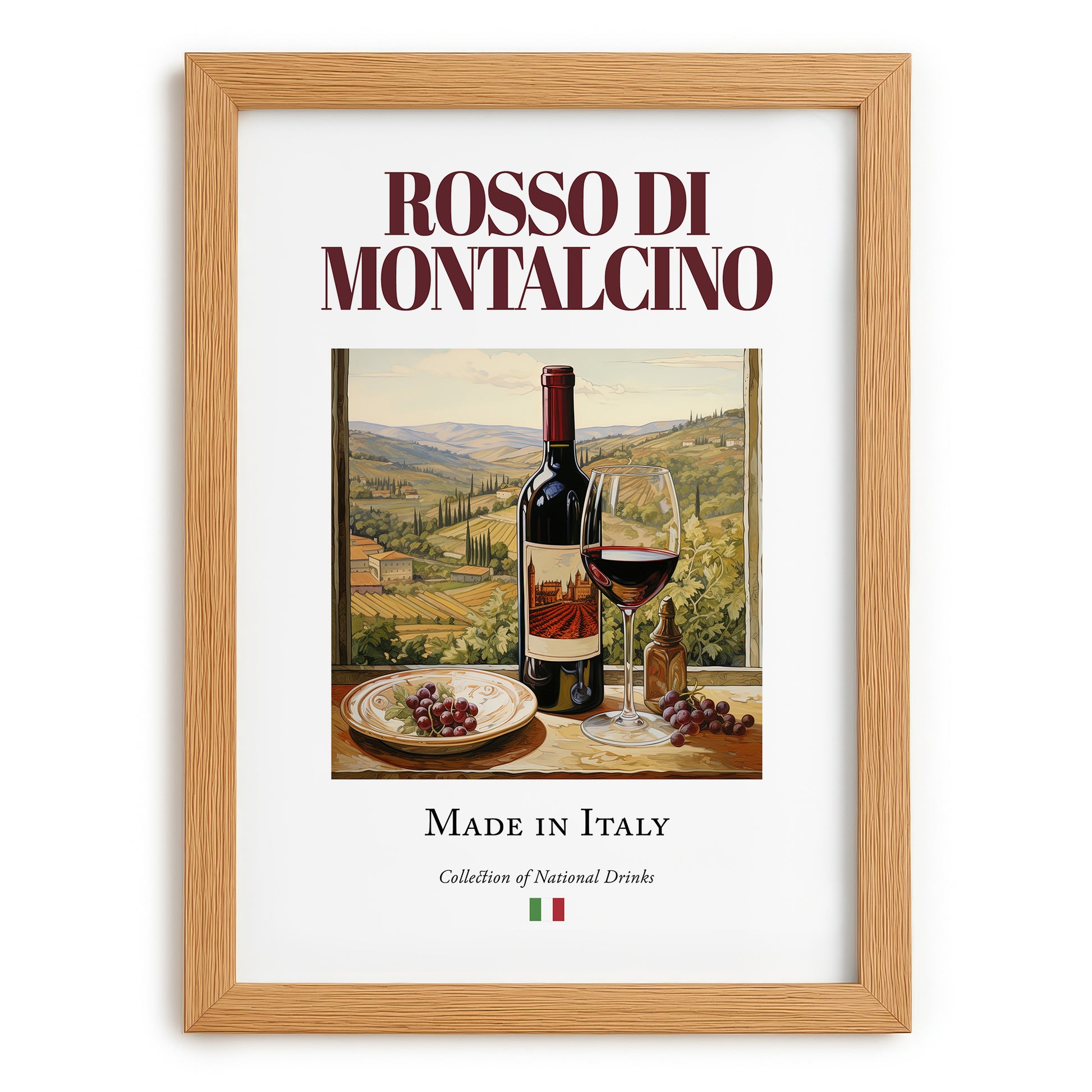 Rosso di Montalcino – Italian Red Wine, Wine Bar Wall Art, set in oak frame