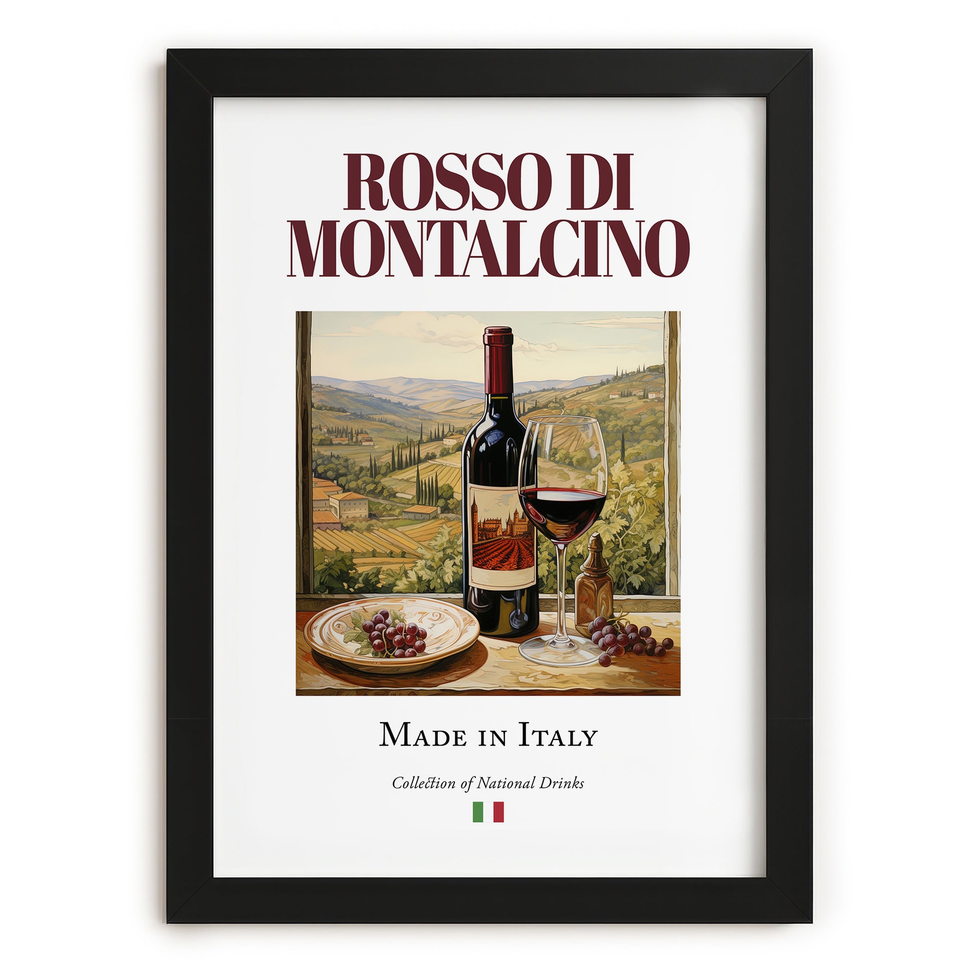 Rosso di Montalcino – Italian Red Wine, Wine Bar Wall Art, in sleek black frame
