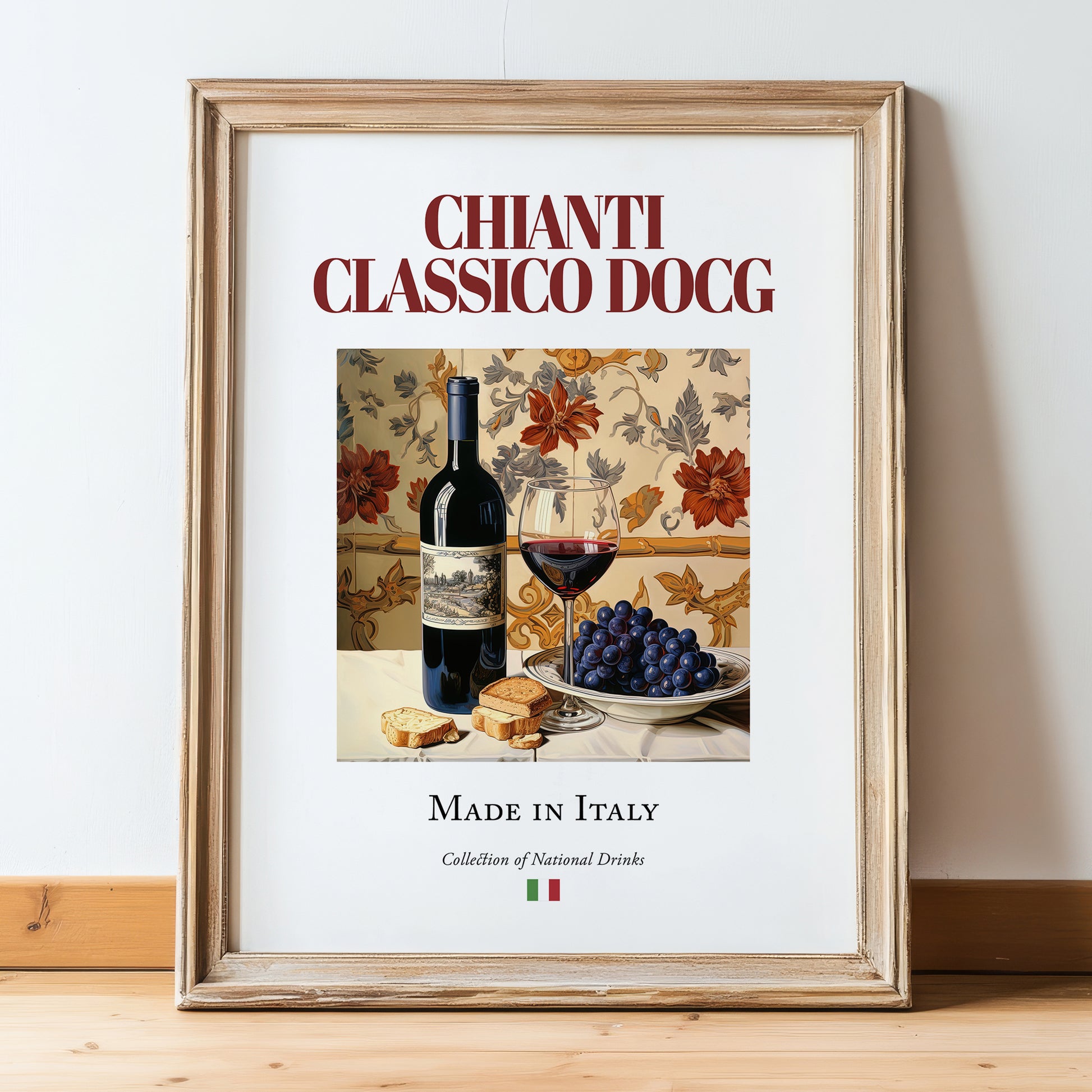 Chianti Classico DOCG – Italian Red Wine, Vinoteca Painting, in wooden frame leaning on the floor