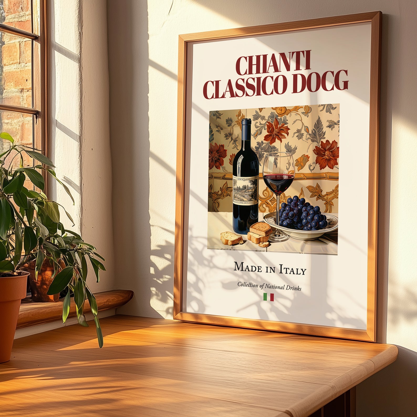 Chianti Classico DOCG – Italian Red Wine, Vinoteca Painting, no-text version framed in wood