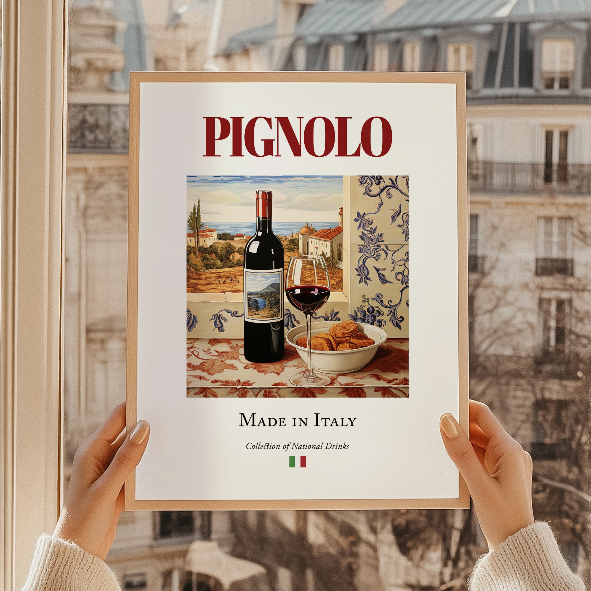 Pignolo – Italian Red Wine, Tasting Room Print, styled in a charming Paris street view