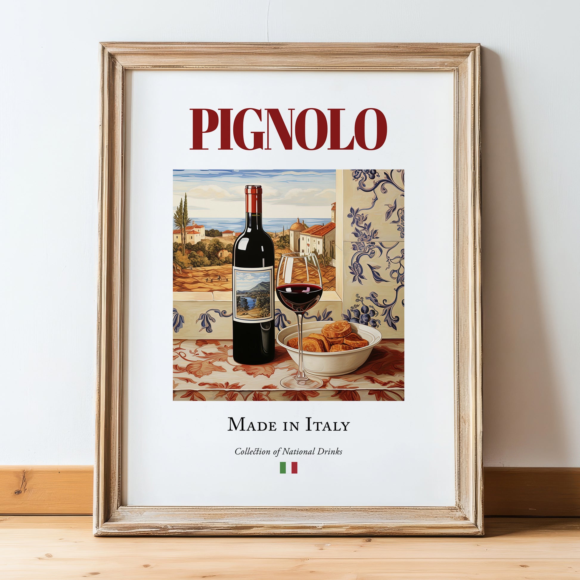 Pignolo – Italian Red Wine, Tasting Room Print, in wooden frame leaning on the floor