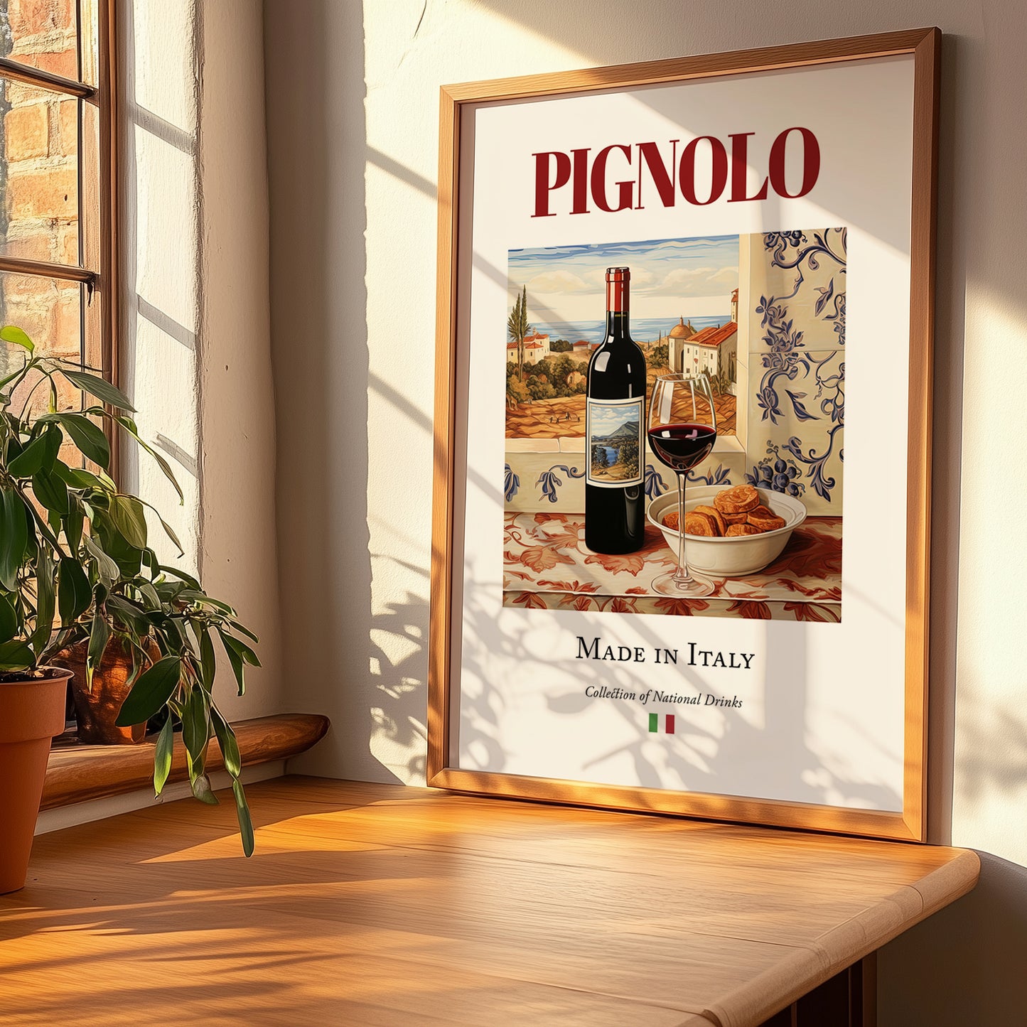 Pignolo – Italian Red Wine, Tasting Room Print, no-text version framed in wood
