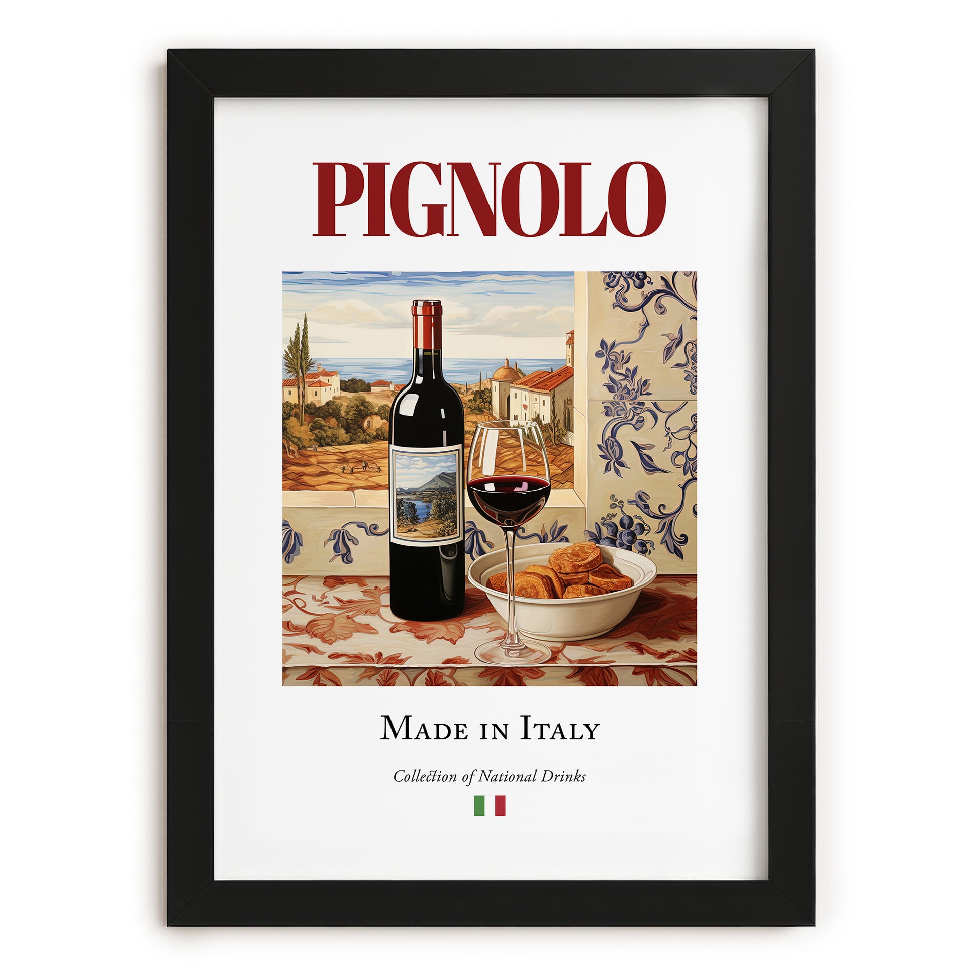 Pignolo – Italian Red Wine, Tasting Room Print, in sleek black frame