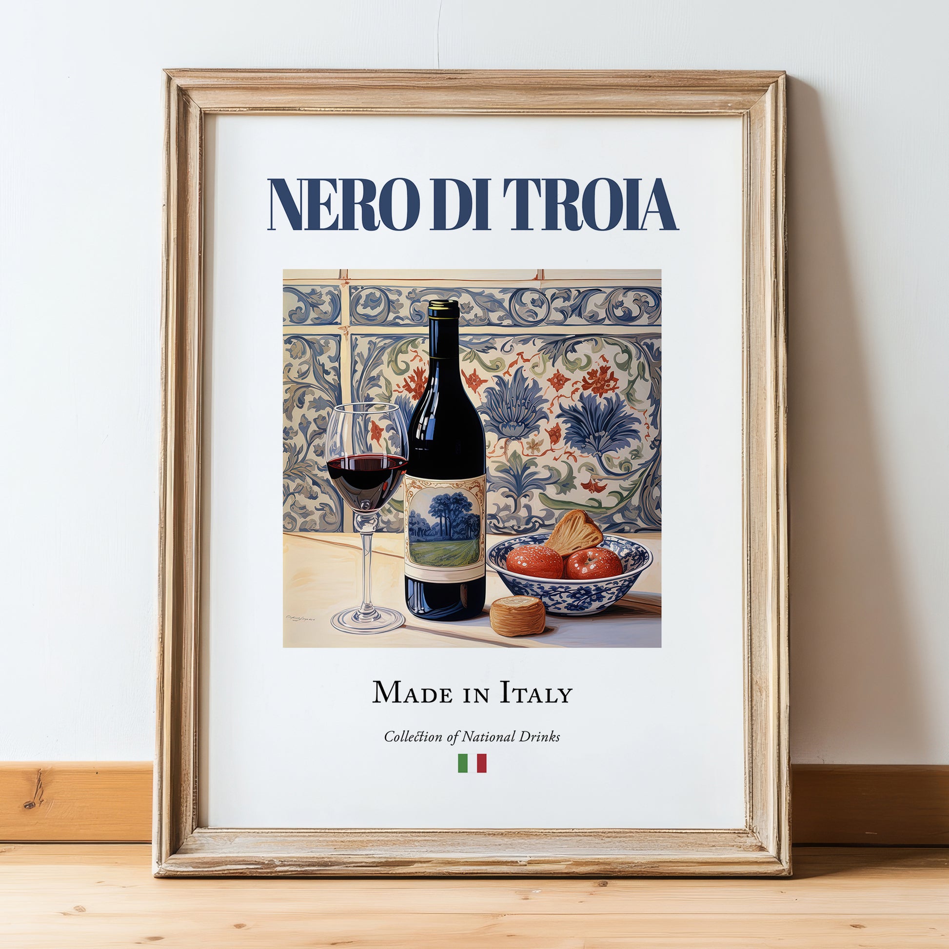Nero di Troia – Italian Red Wine, Vineyard Terrace Wall Art, in wooden frame leaning on the floor