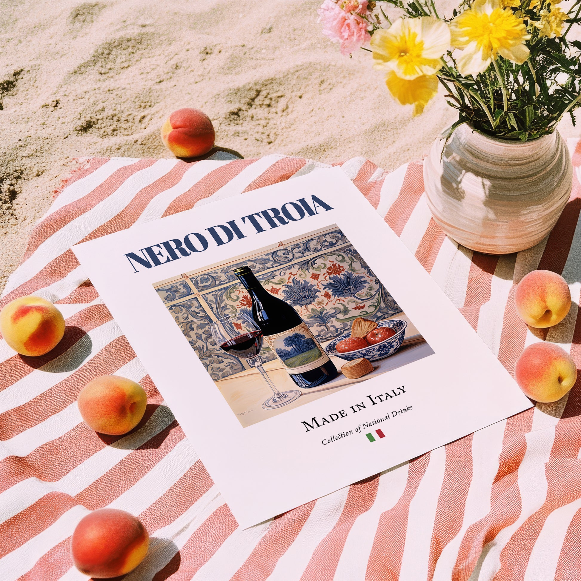 Nero di Troia – Italian Red Wine, Vineyard Terrace Wall Art, unframed on coastal sand
