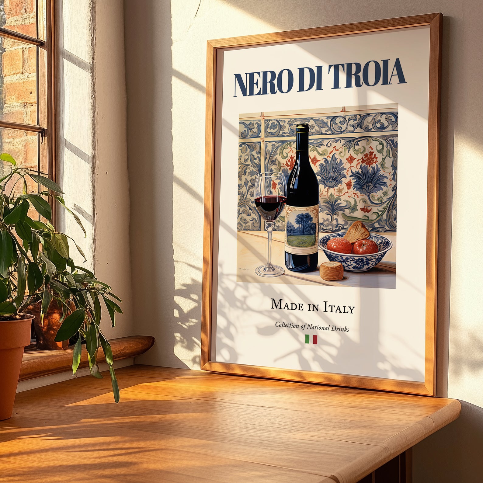 Nero di Troia – Italian Red Wine, Vineyard Terrace Wall Art, no-text version framed in wood