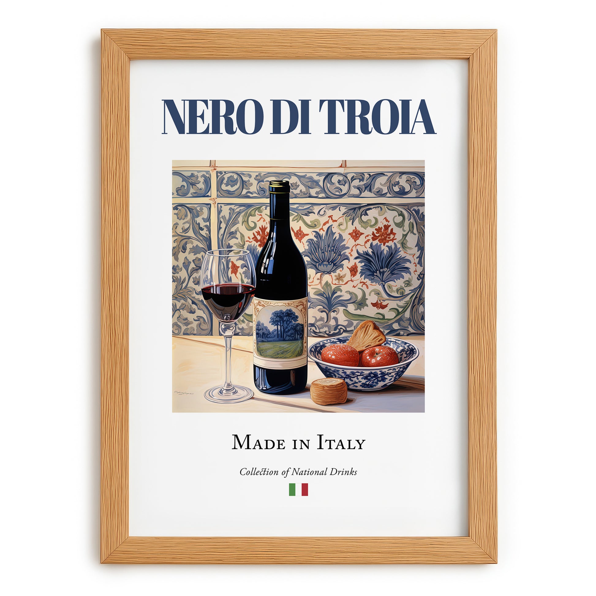 Nero di Troia – Italian Red Wine, Vineyard Terrace Wall Art, set in oak frame